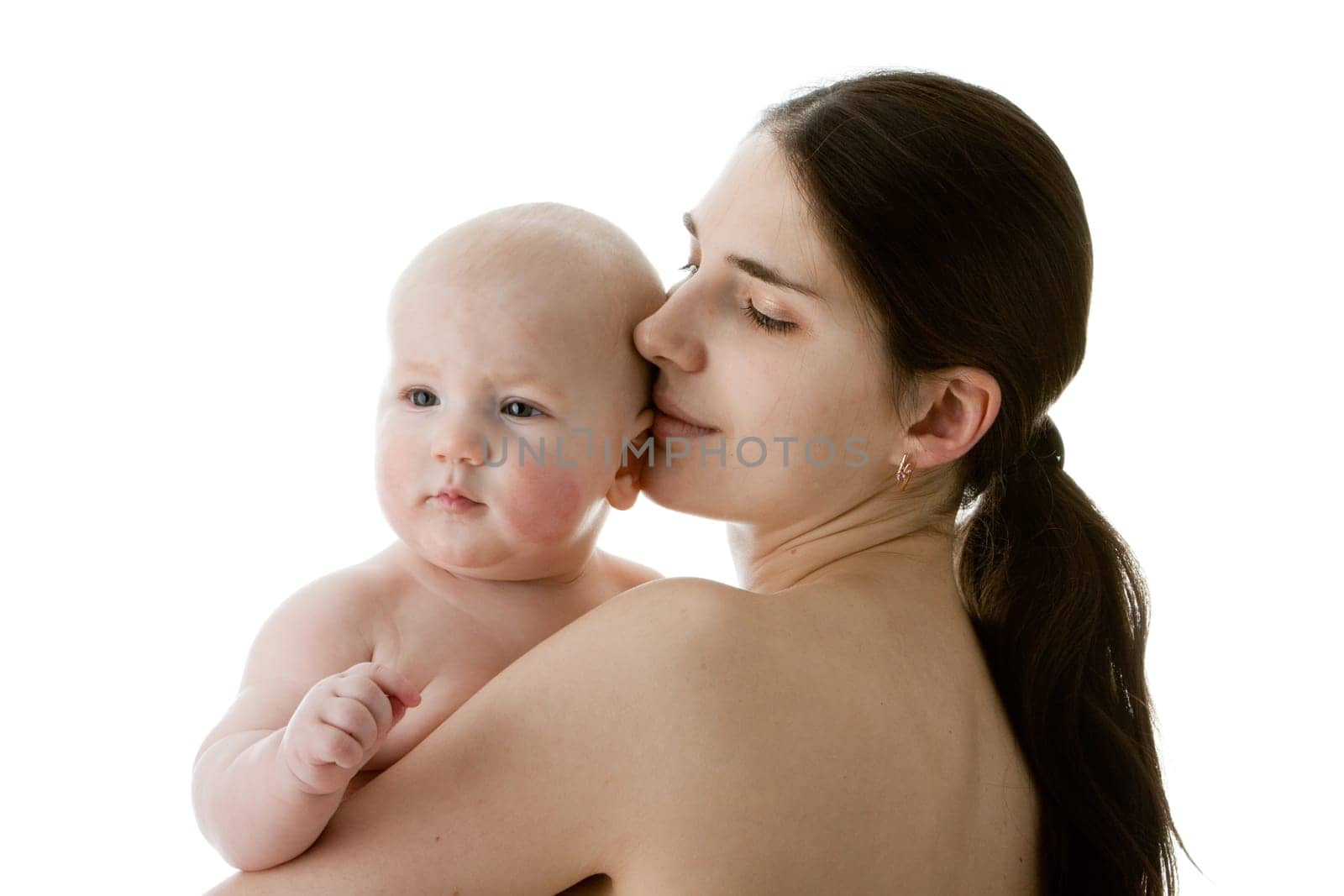 Happy family. Mother and her sweet baby on a white background.