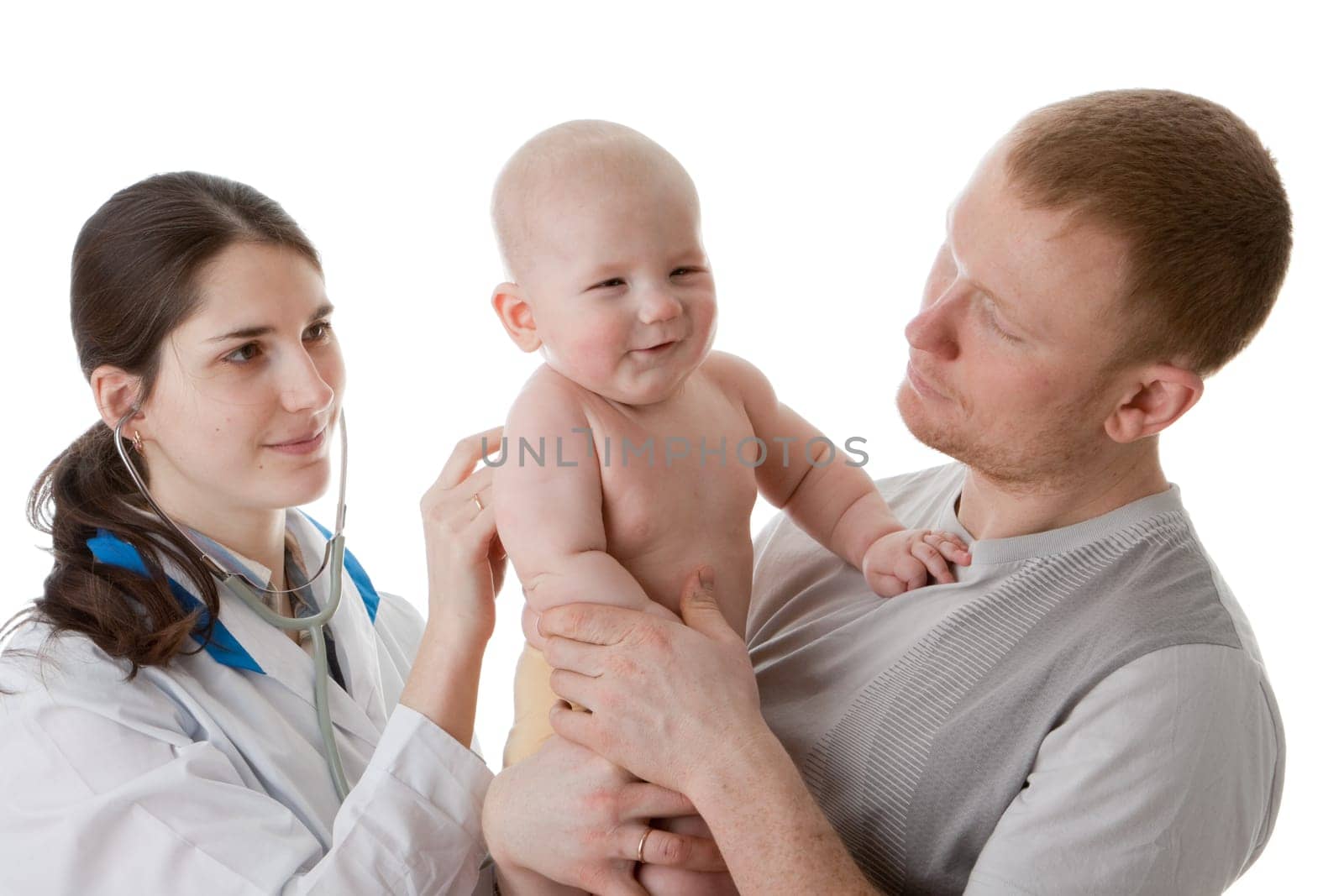 The female doctor with a stethoscope and the daddy with the small child on a white background.