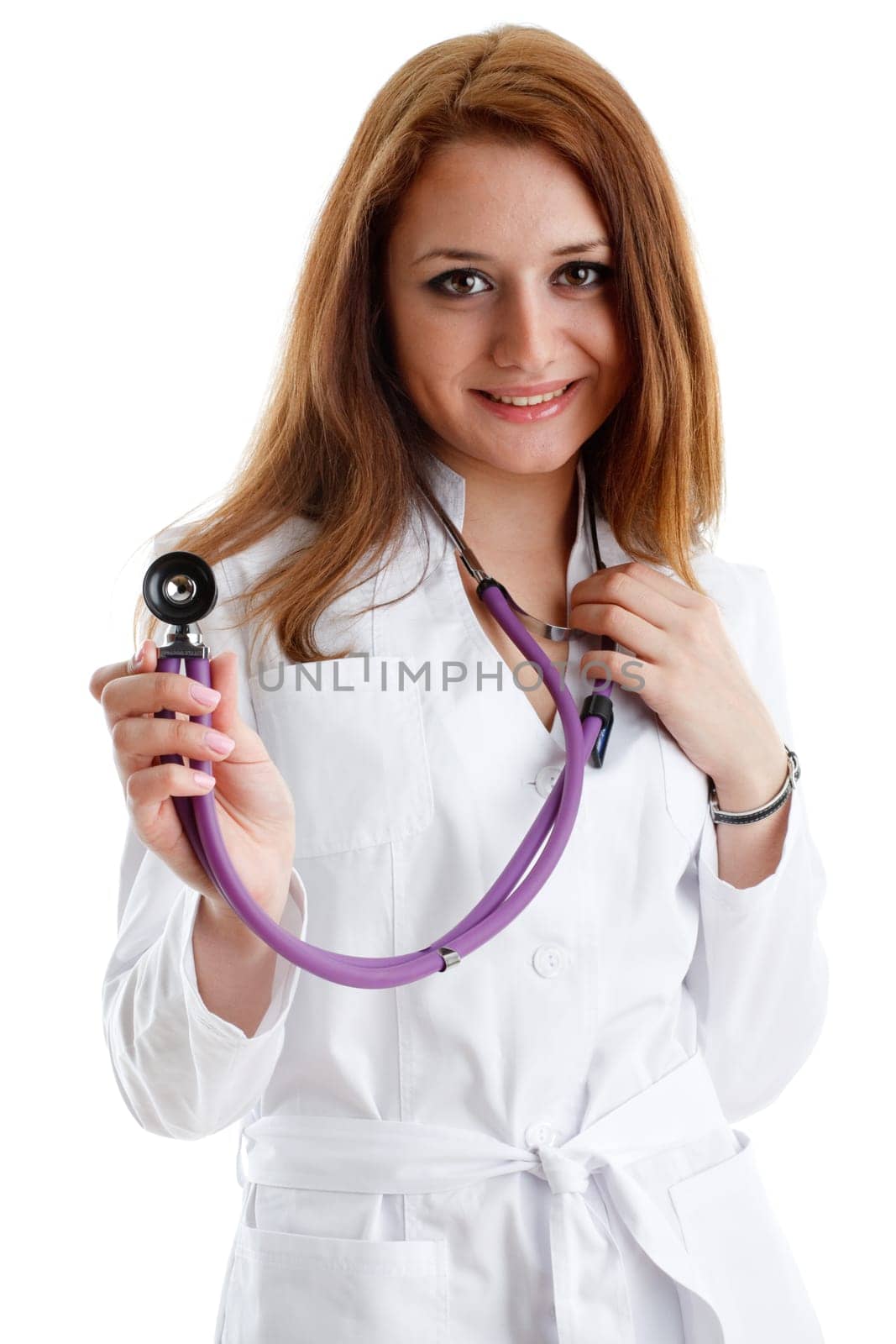 Smiling beautiful doctor with stethoscope on a white background. Medical concept.