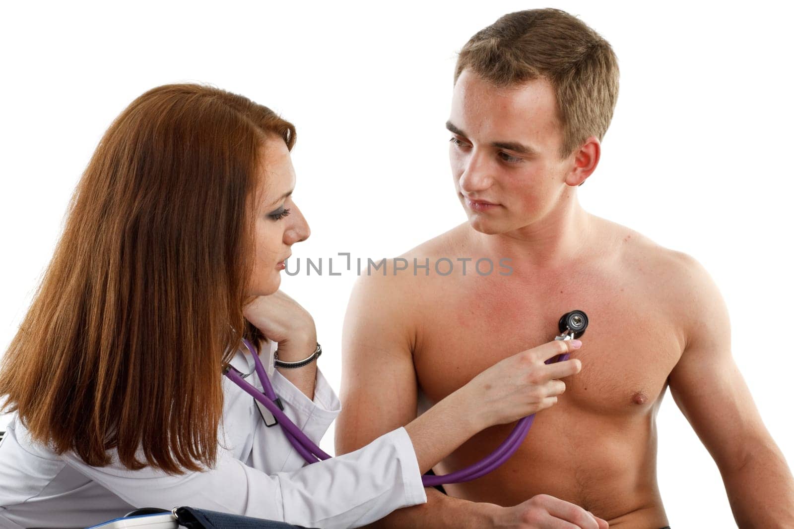 Female doctor and the male patient on a white background.