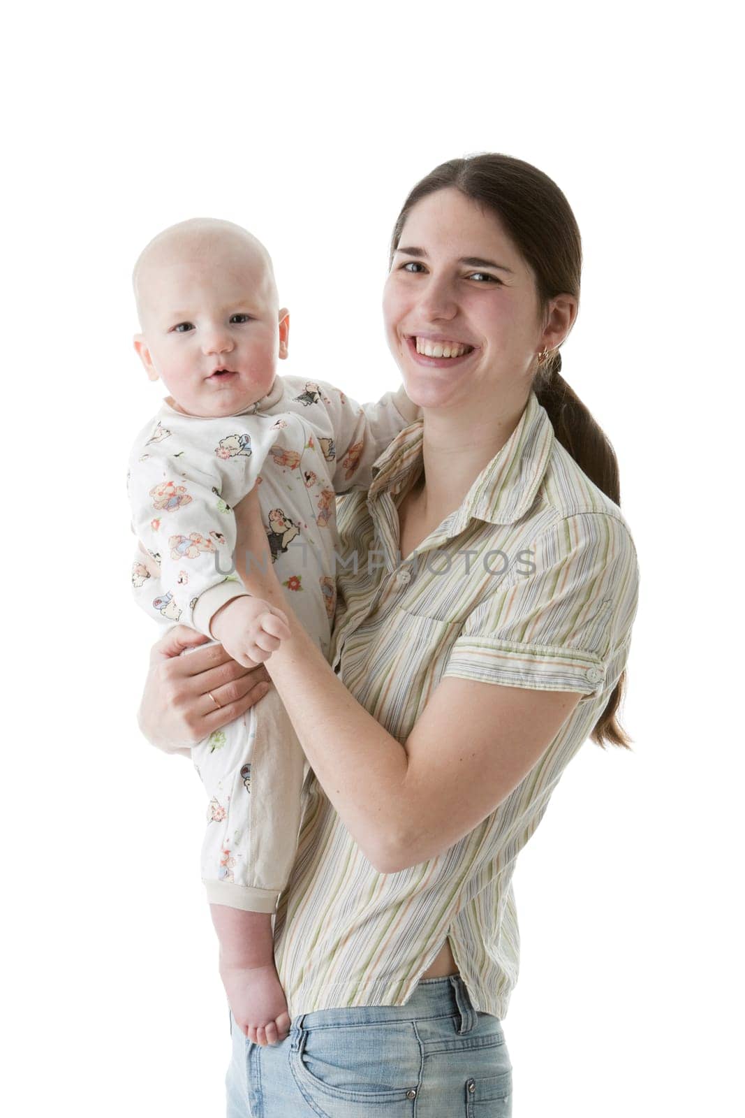 Happy family. Mother and her sweet baby on a white background.