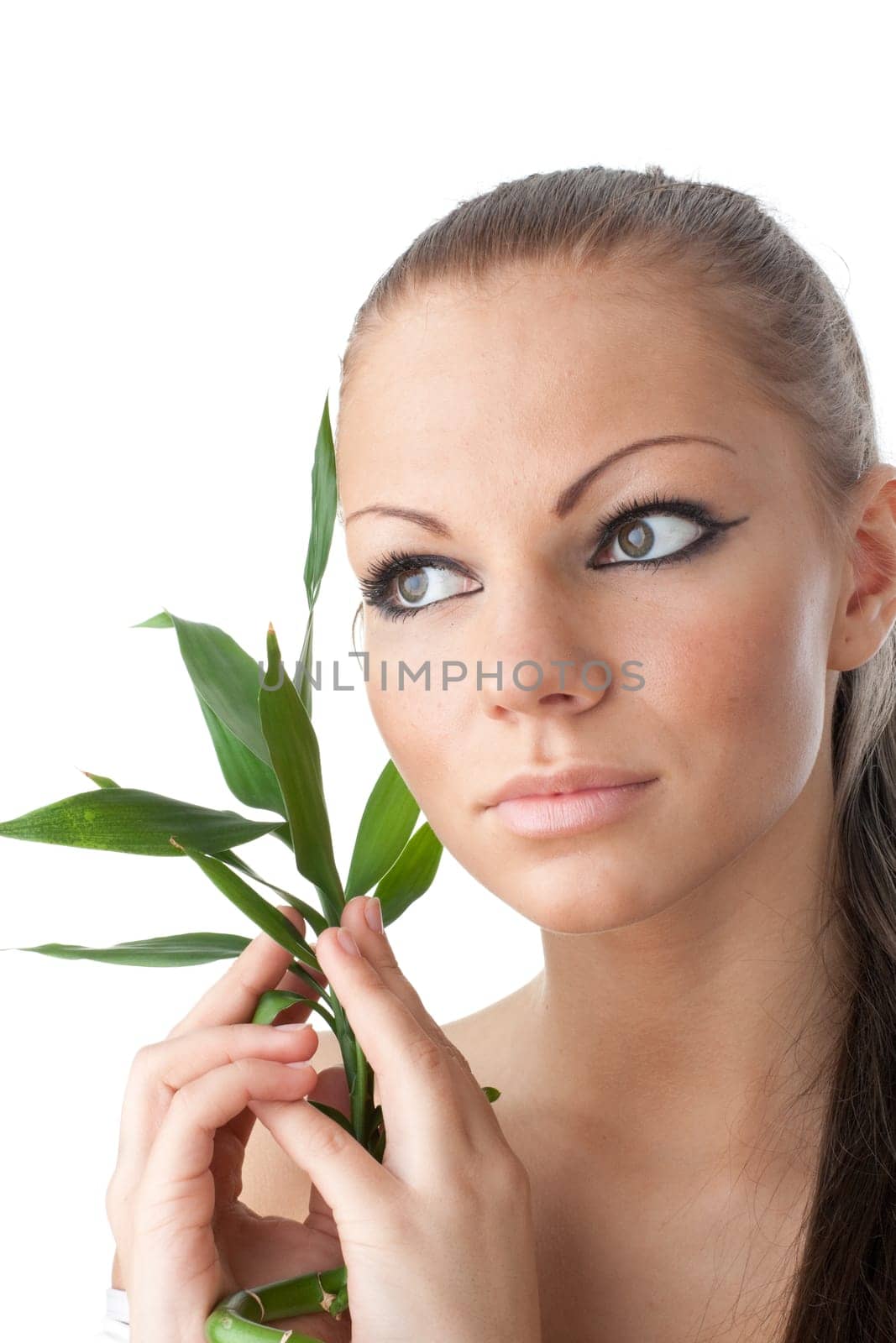 The attractive girl with a bamboo branch on a white background