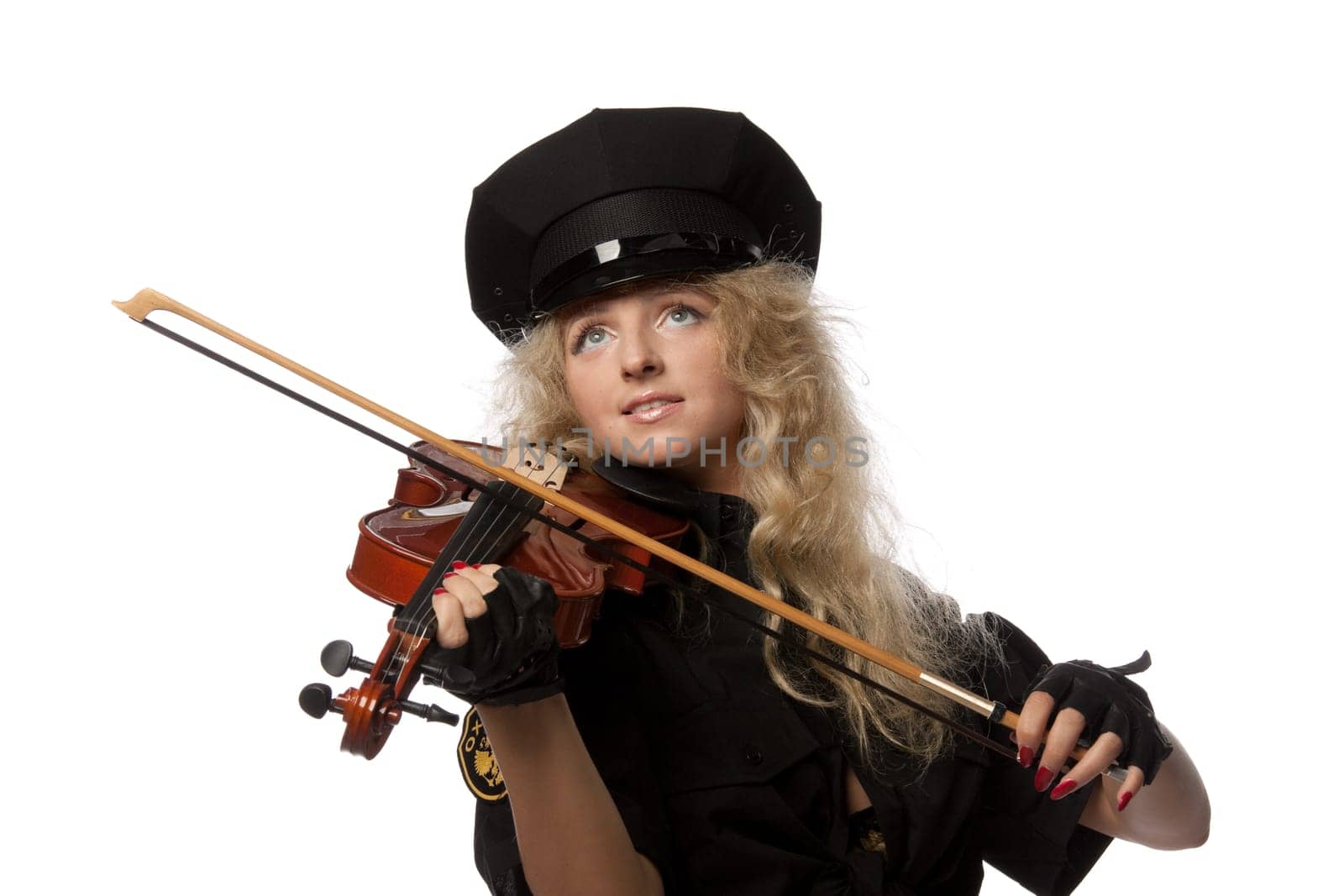 Sexy girl in a uniform of the security guard with a violin on a white background