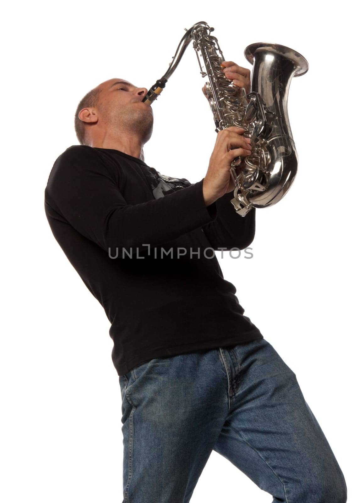 Man with saxophone on a white background