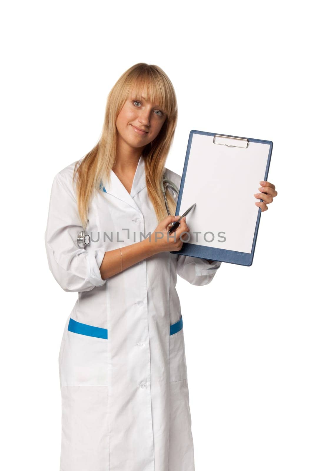 Smiling doctor with blank clipboard in hands on a white background. Medical concept.