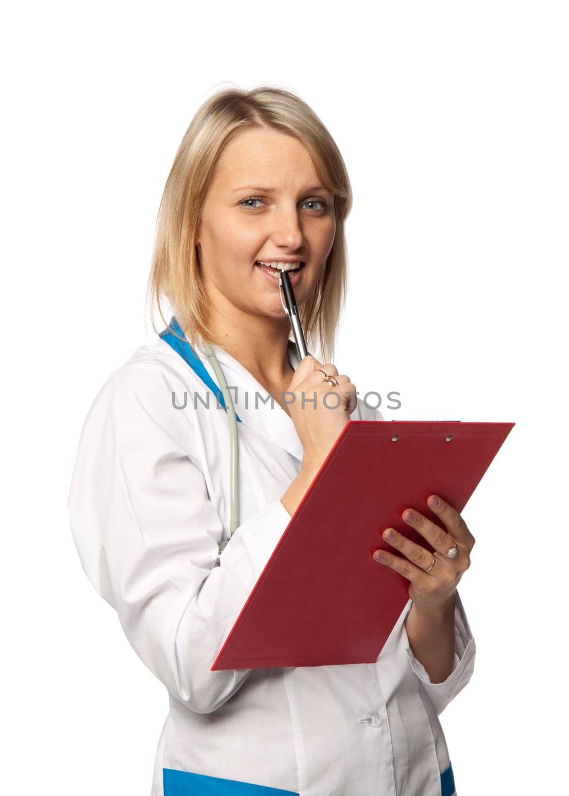 Smiling medical doctor with stethoscope and clipboard on a white background. Medical concept.
