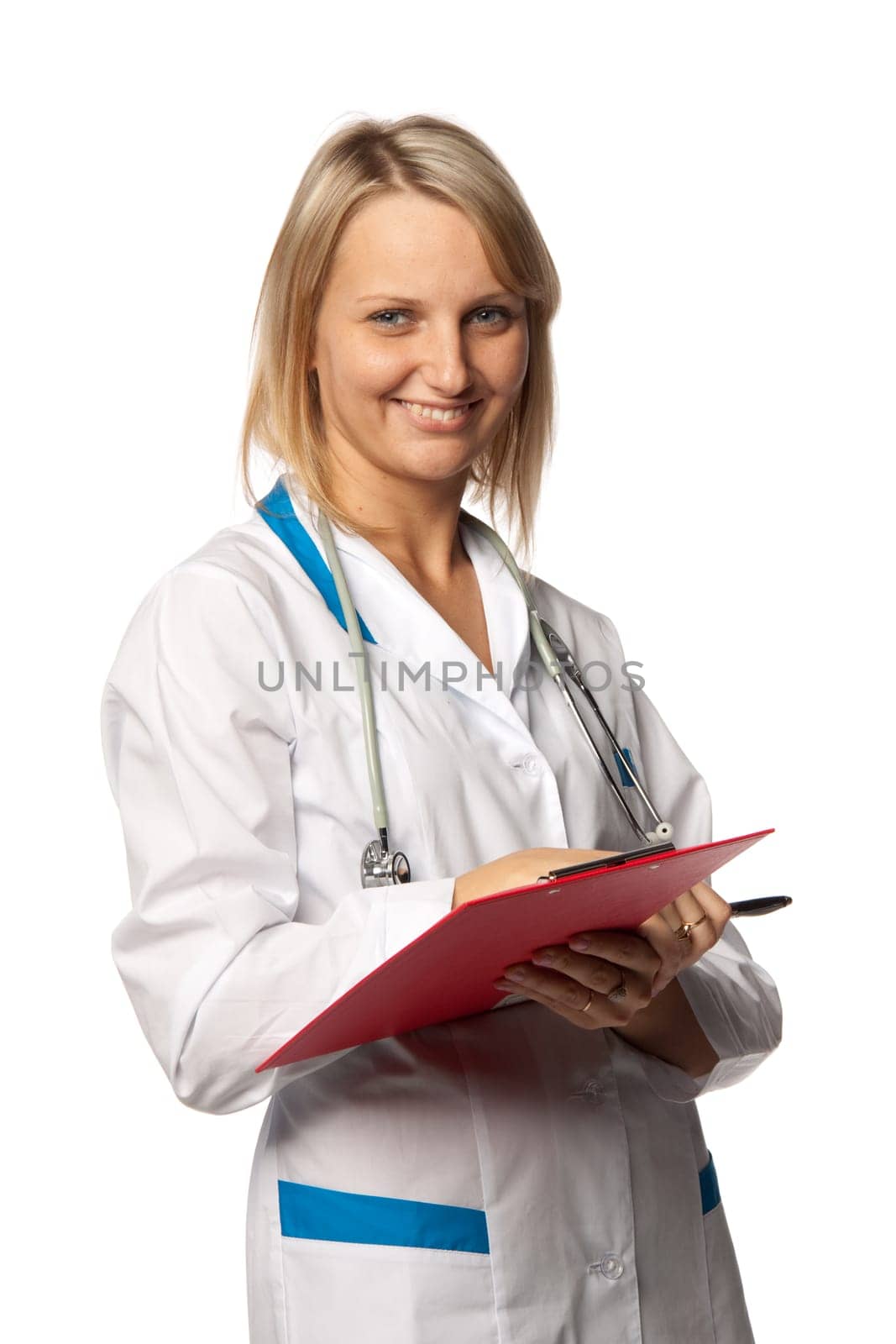 Smiling medical doctor with stethoscope and clipboard on a white background. Medical concept.