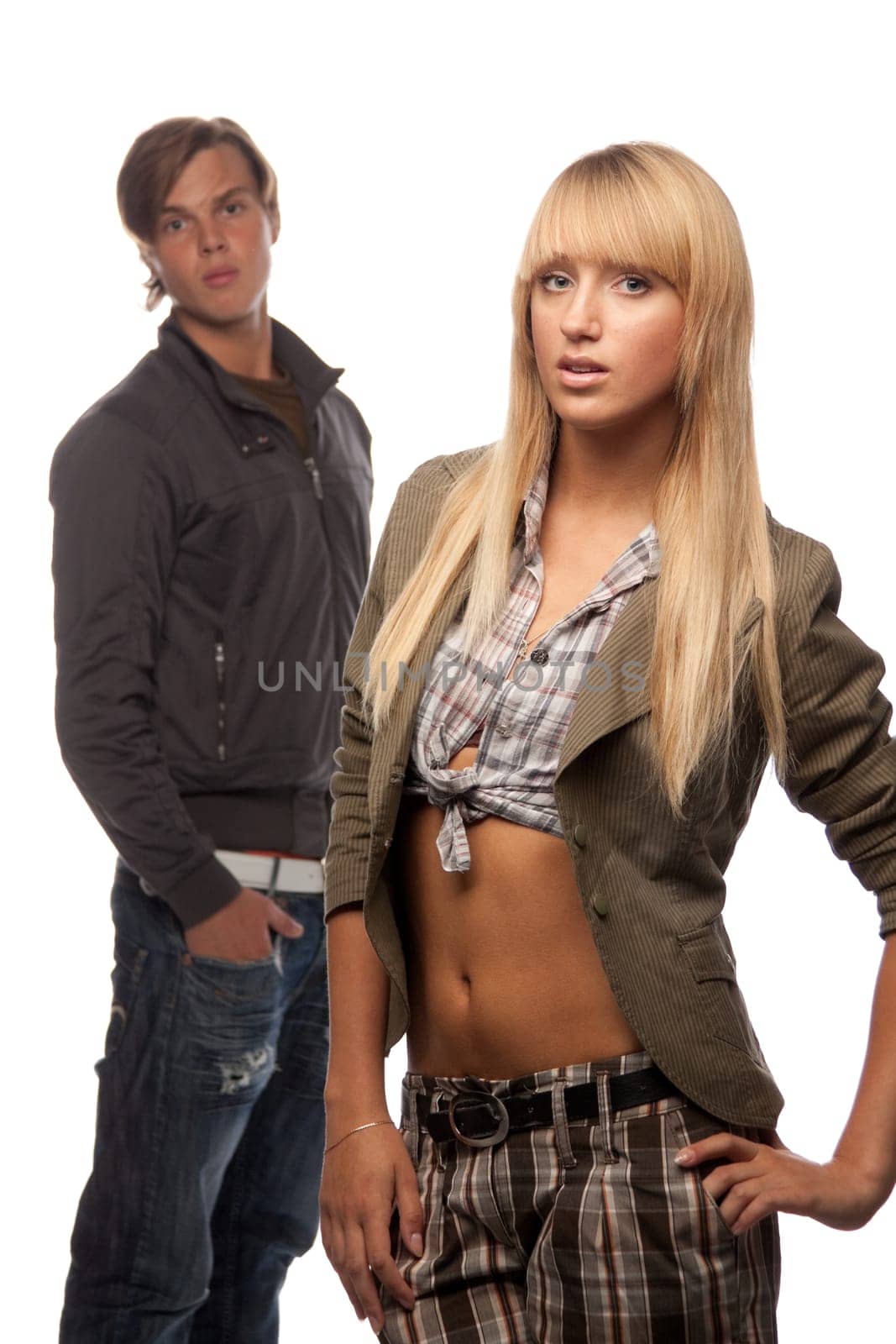 Young couple having problems with relationships on a white background.