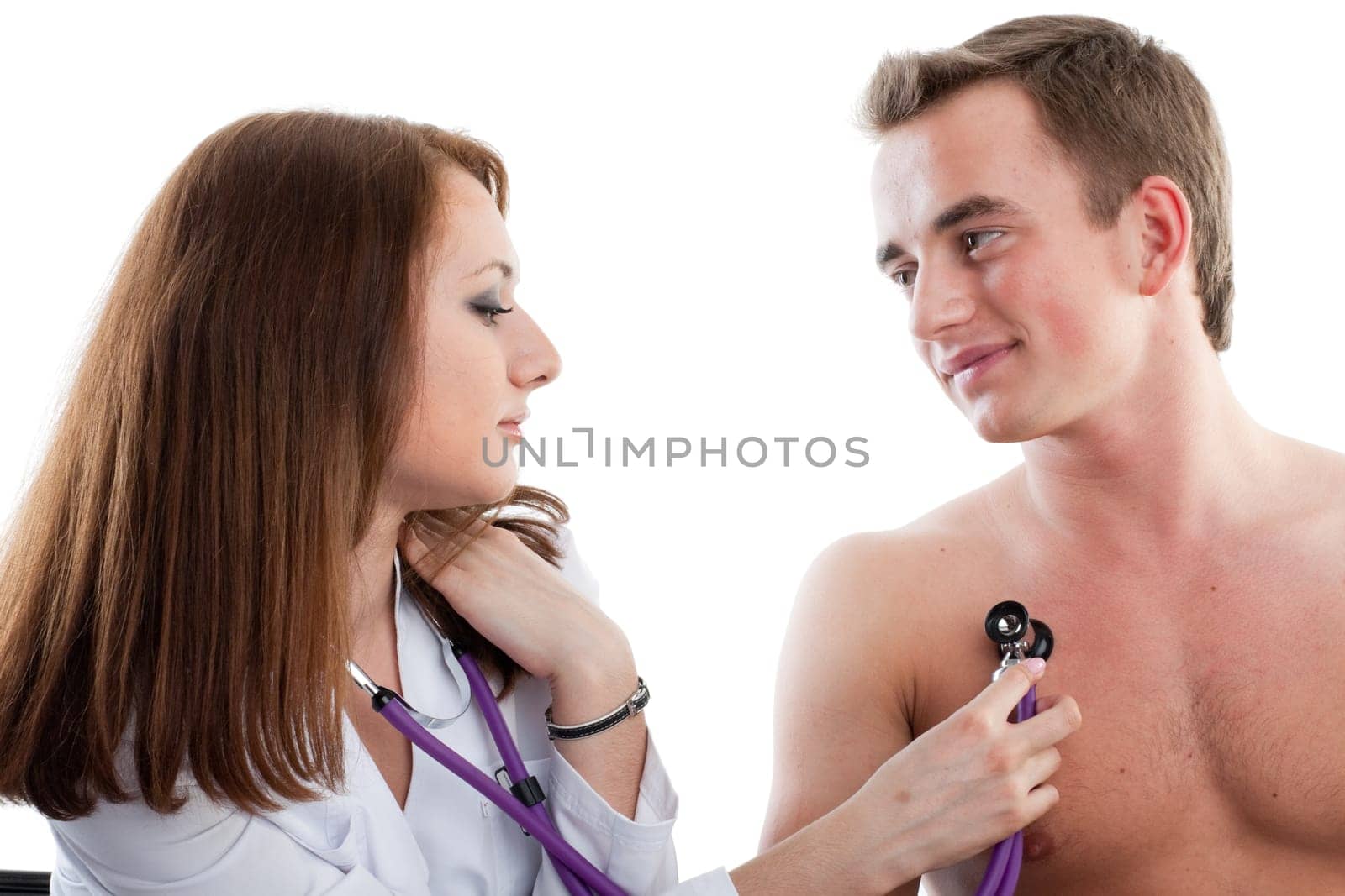 Female doctor and the male patient on a white background.