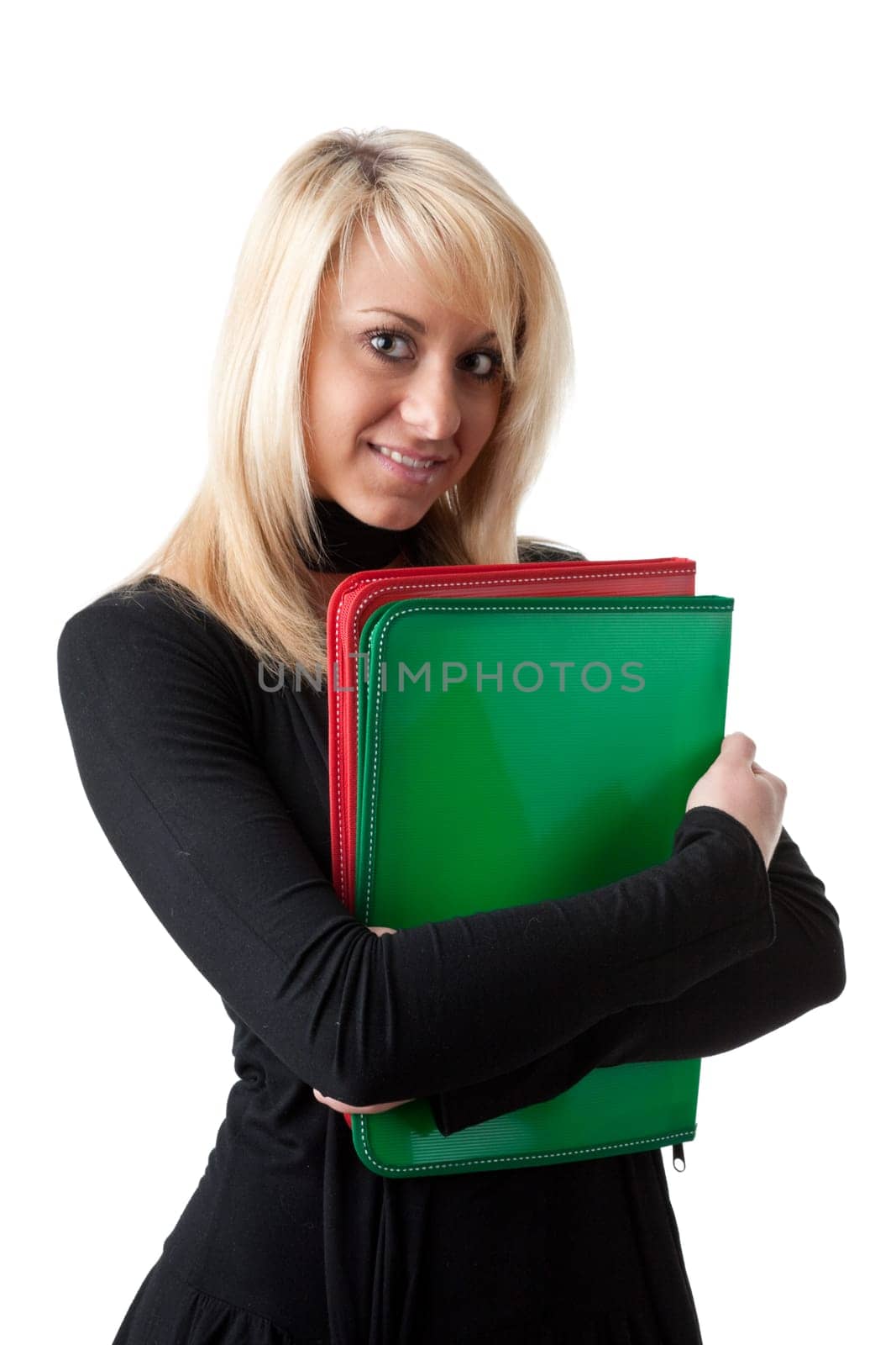 The beautiful woman stand with coloured folders on a white background.