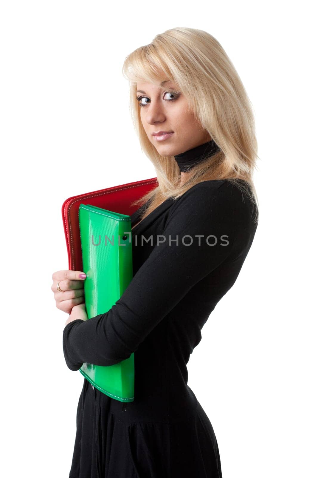 The beautiful woman stand with coloured folders on a white background.