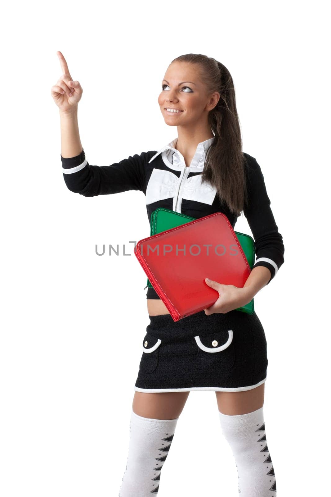 The beautiful woman stand with coloured folders on a white background.