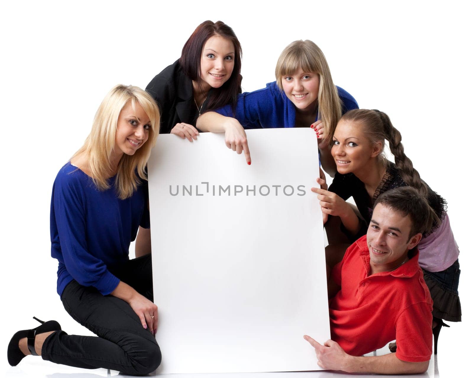 The group of young people holds the empty board for the text on a white background.