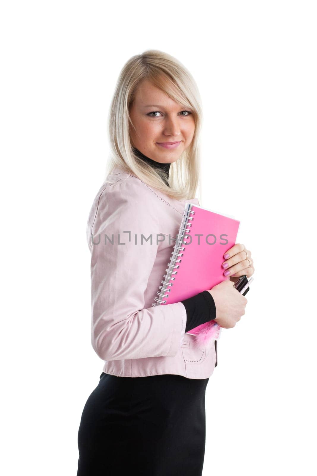 The beautiful girl stand with coloured writing-books on a white background. The student.