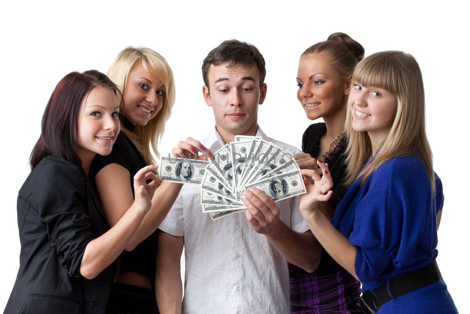 Group of young beautiful women take money from the man on a white background.