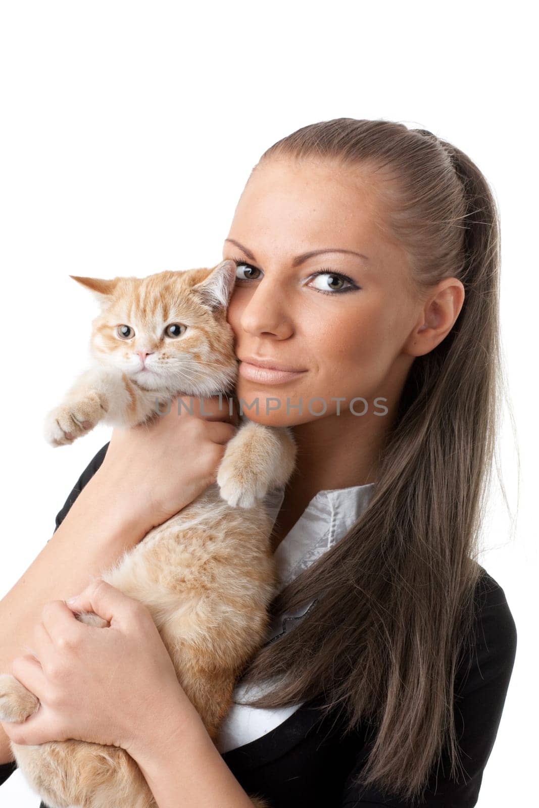 The happy young woman with a small amusing kitten on a white background.