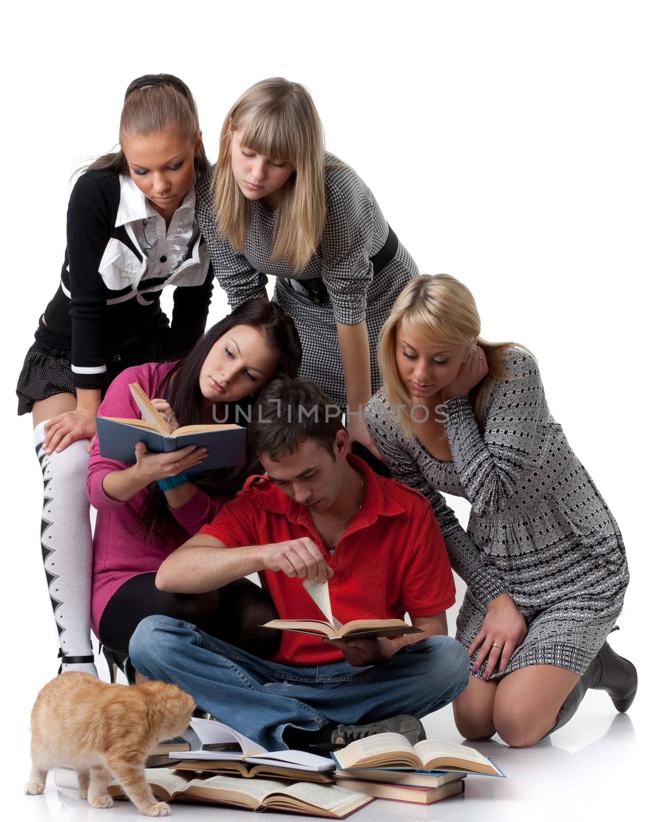 The clever young people sitting with books on a white background.
