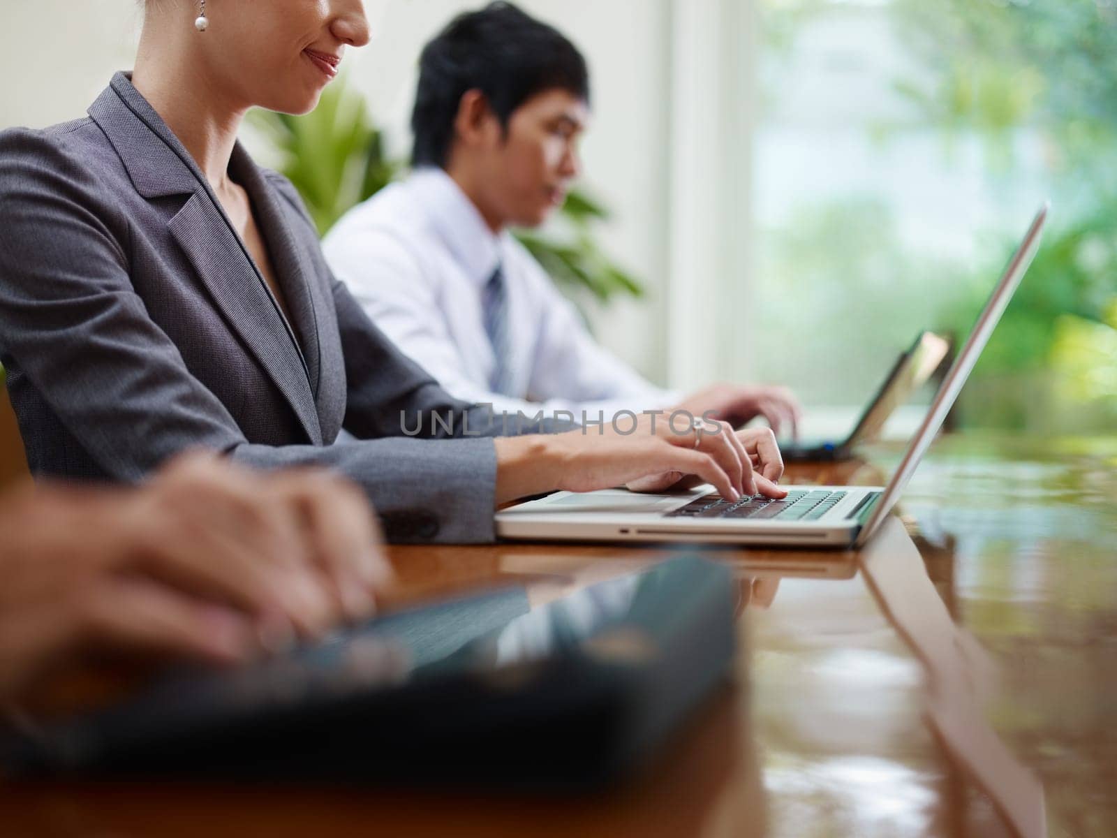 Group of businesspeople meeting in conference room and using laptop computers. Side view, copy space
