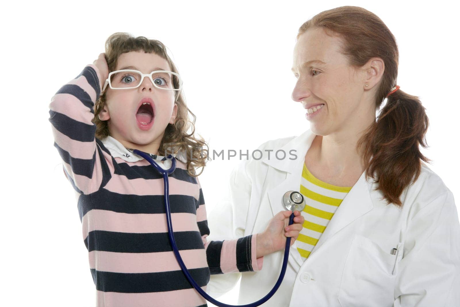 Little girl gesture pretending be a doctor with stethoscope