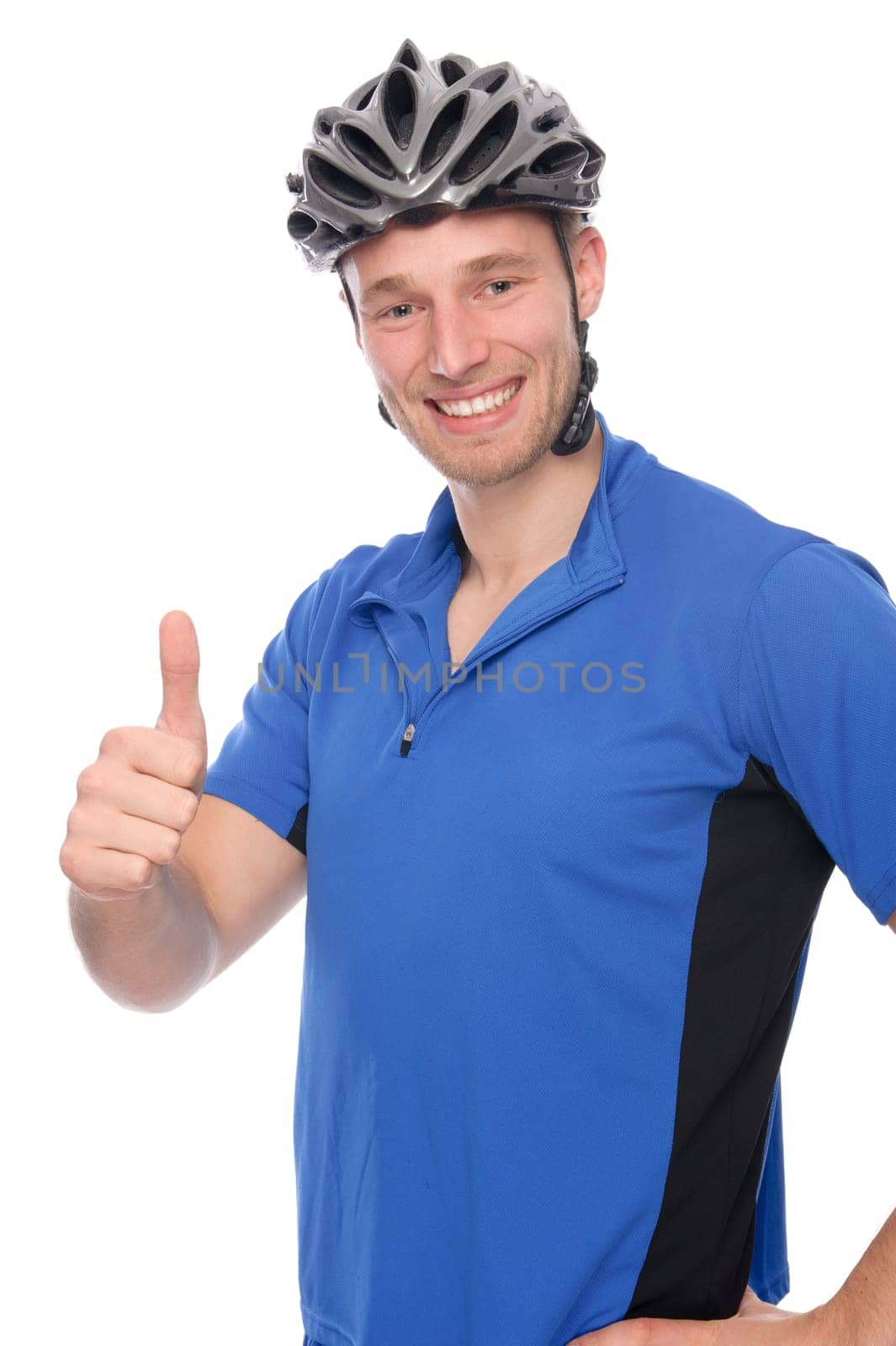 Studio shot of a cyclist against a white background