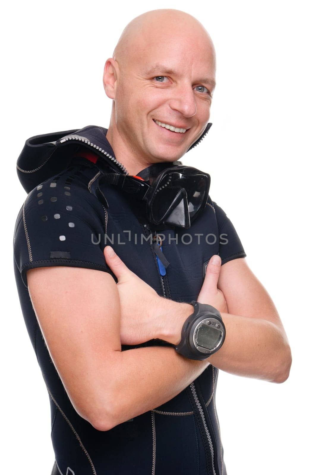 Portrait of a diver in studio against white background