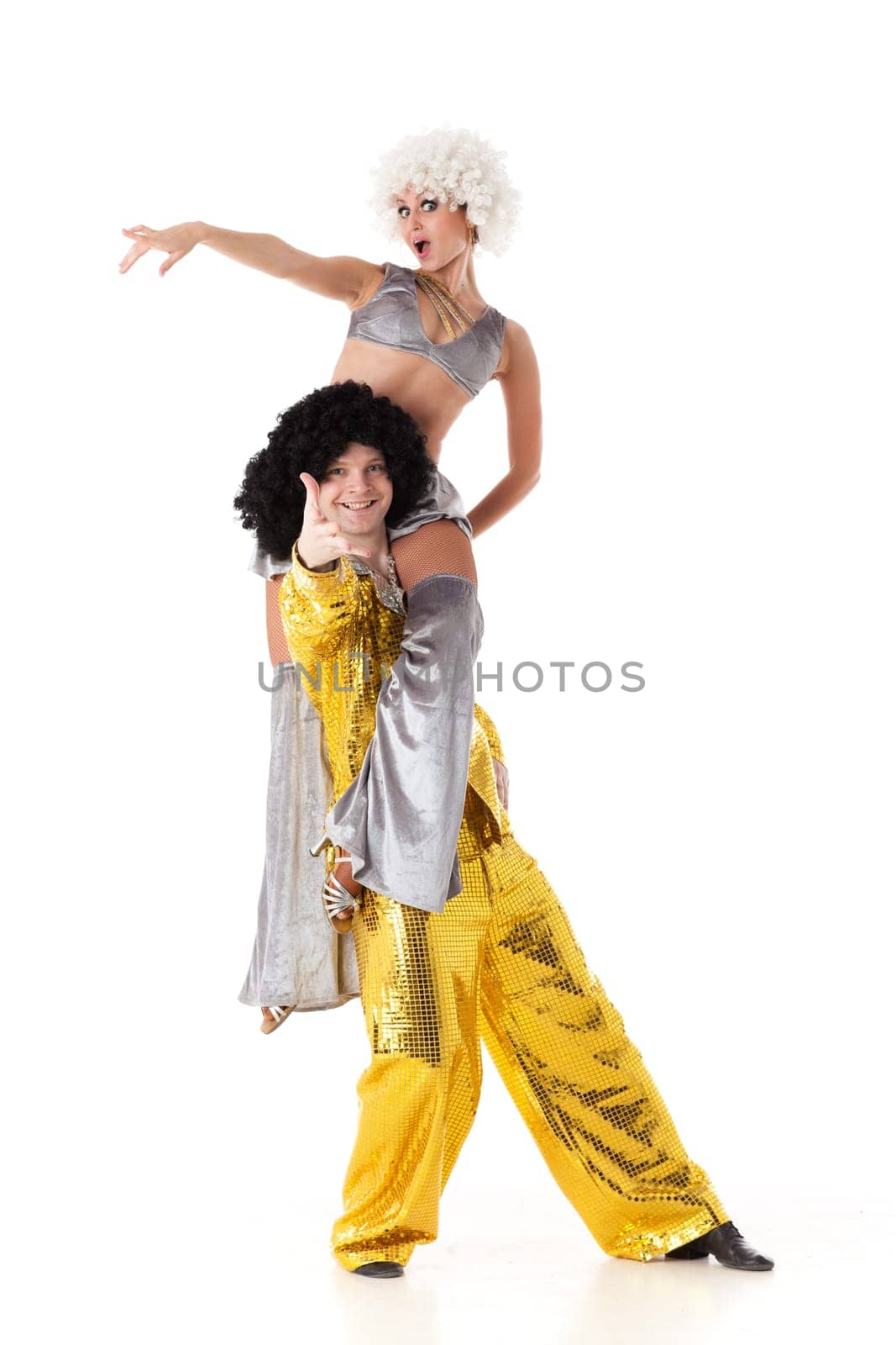 Young sports people carry out acrobatic tricks on a white background.