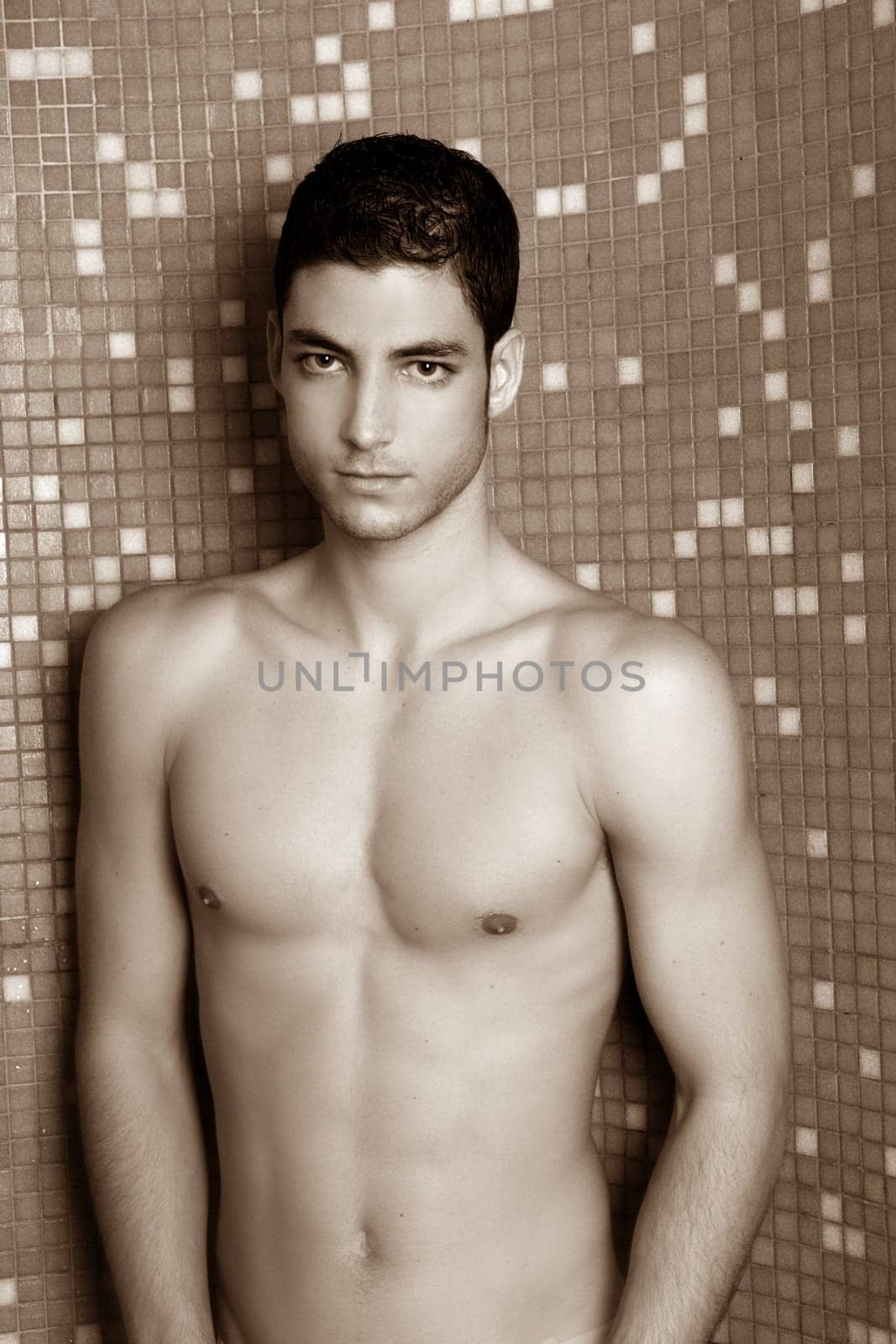 tile bathroom shower young nude man posing sexy looking camera