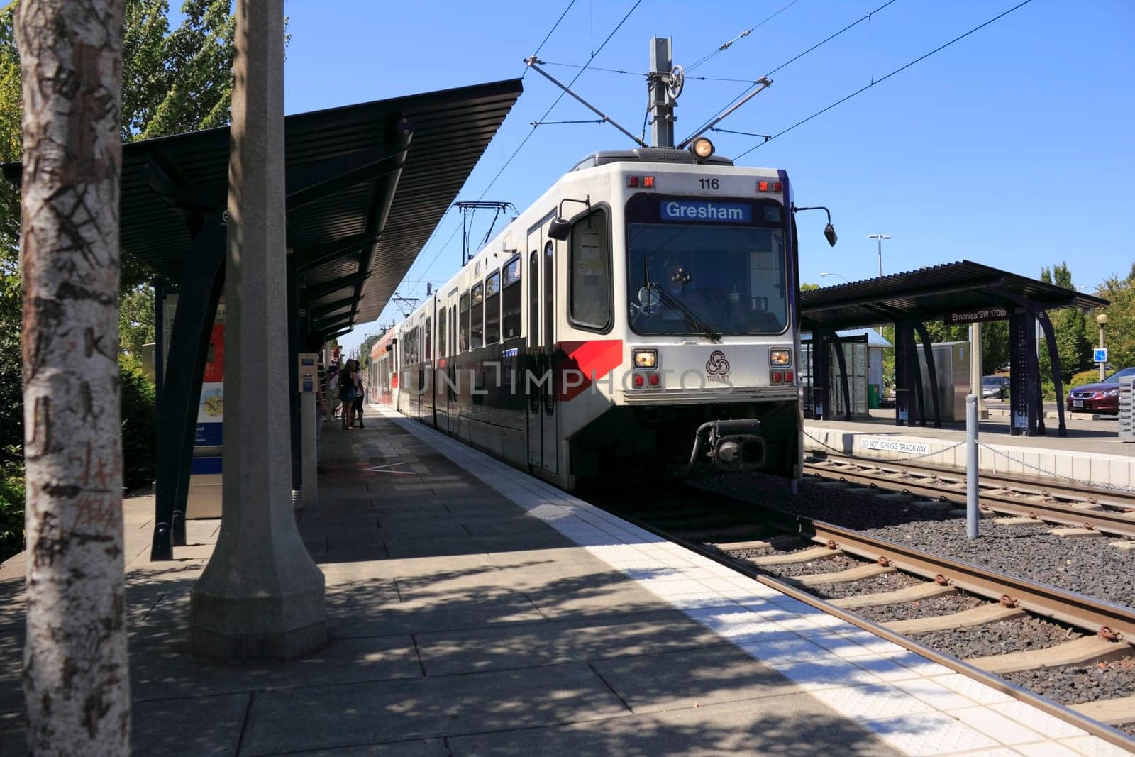 BEAVERTON, OREGON - AUGUST 3: A public MAX train at the Elmonica station on August 3, 2010 in Beaverton, Oregon. Light rail trains have been operating in the Portland metro area since 1986.