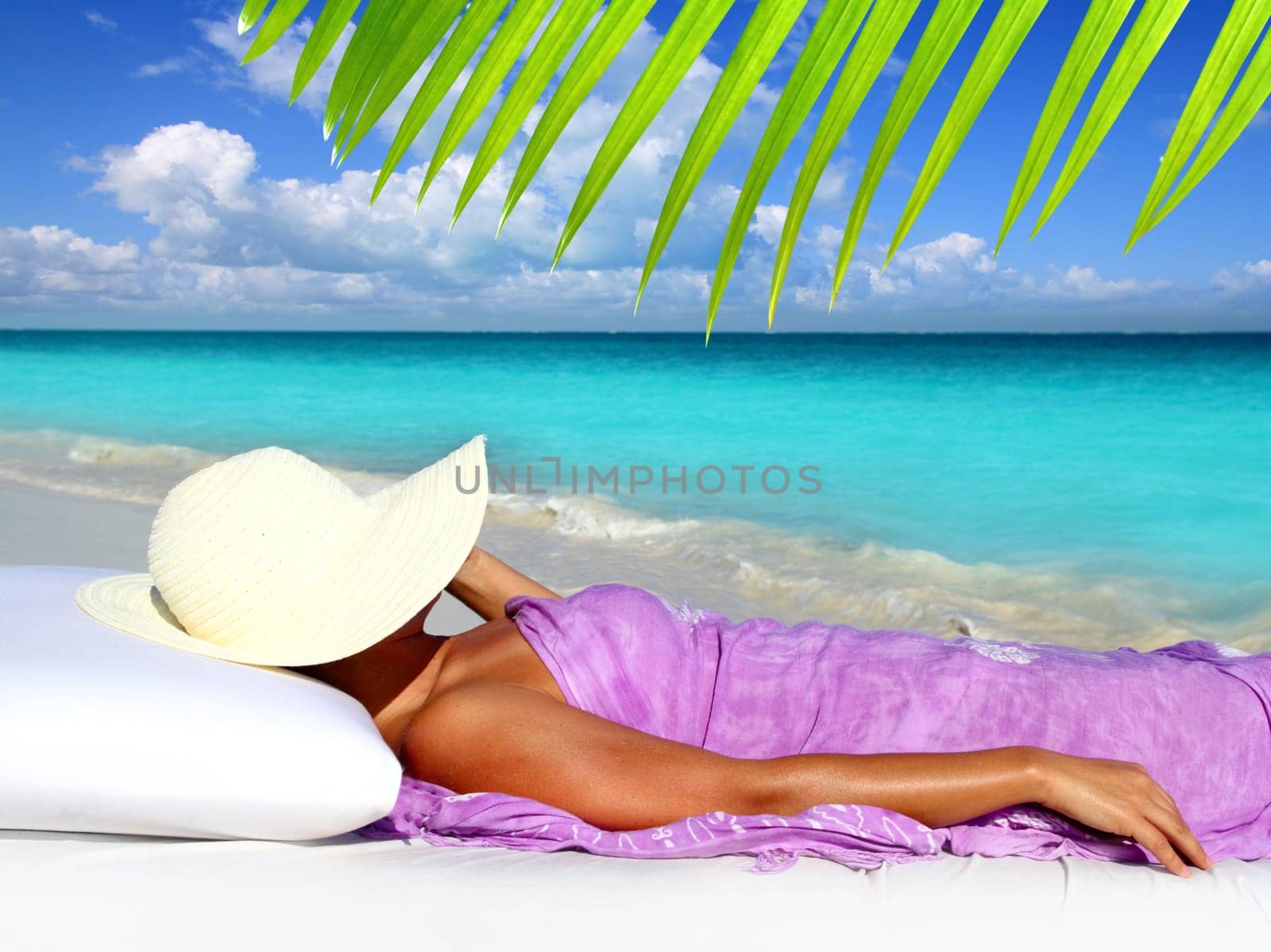 Caribbean tourist resting beach hat woman hammock bed