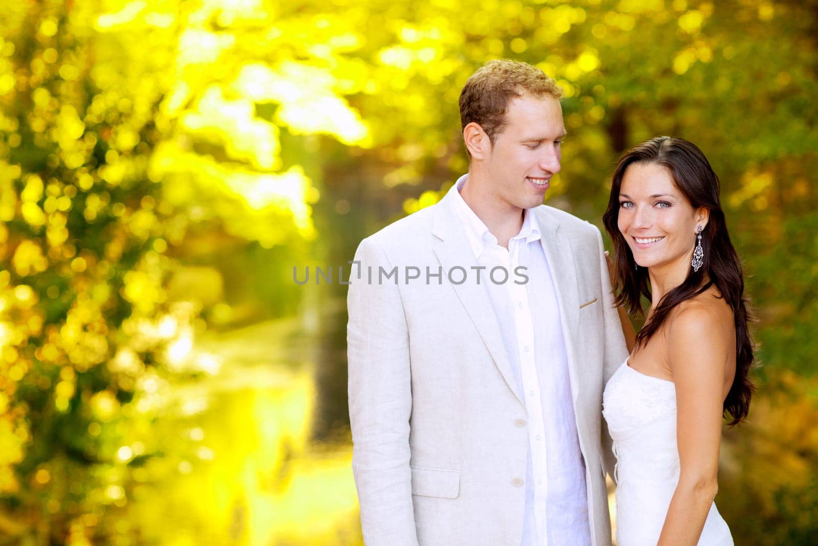 just married couple in honeymoon autumn park