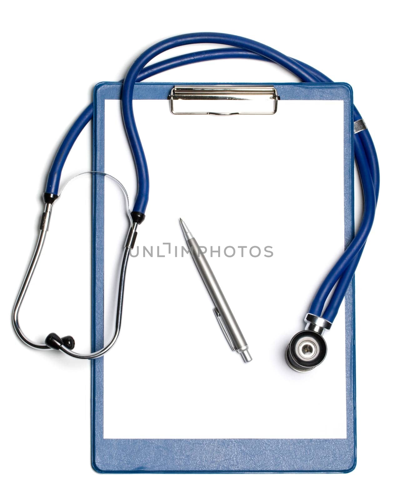 Medical clipboard with blank paper for messages, a pen and a stethoscope