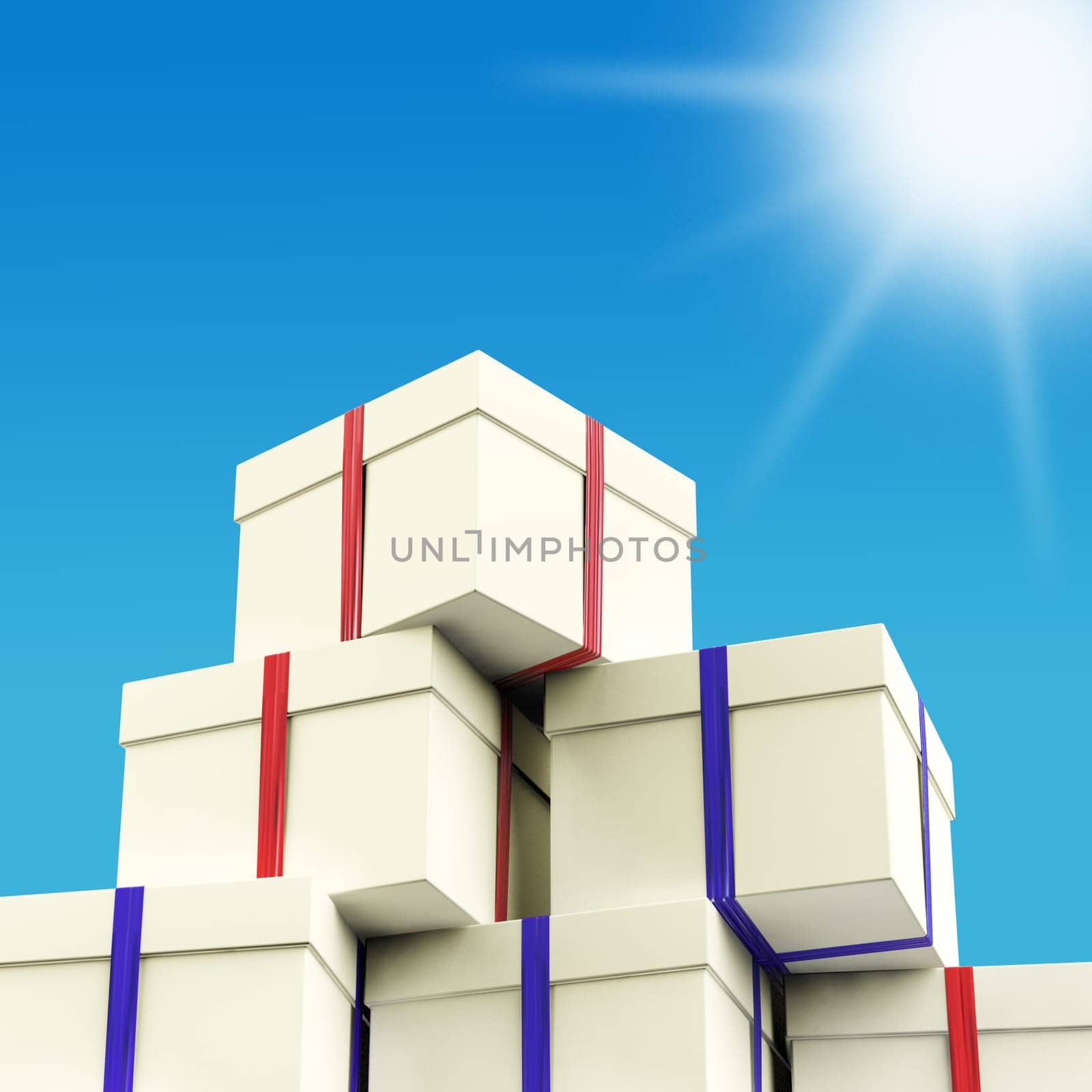 Stack Of Giftboxes With Sun And Sky Background As Presents For Family