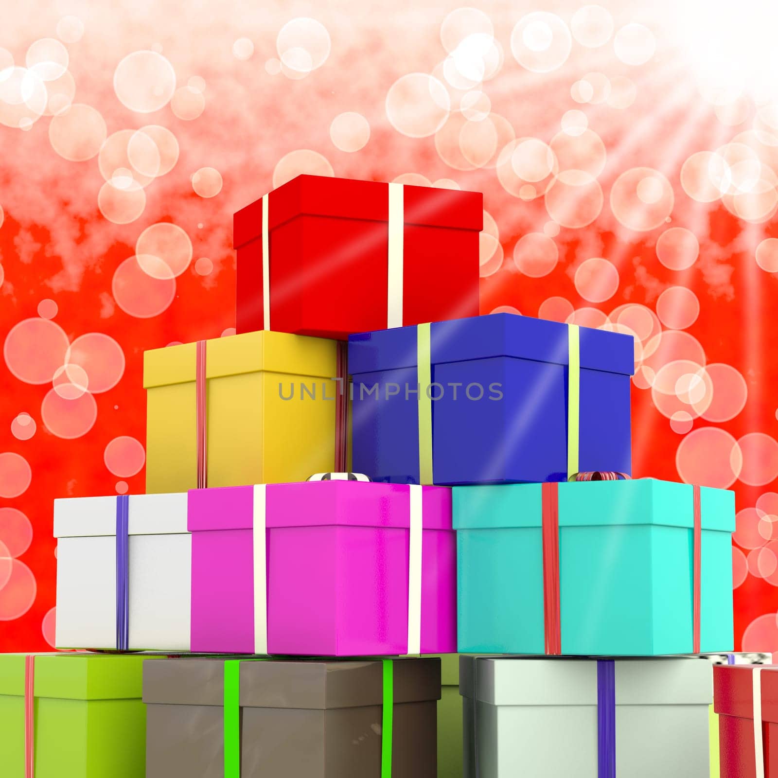 Multicolored Giftboxes  With Bokeh Background As Presents For Family
