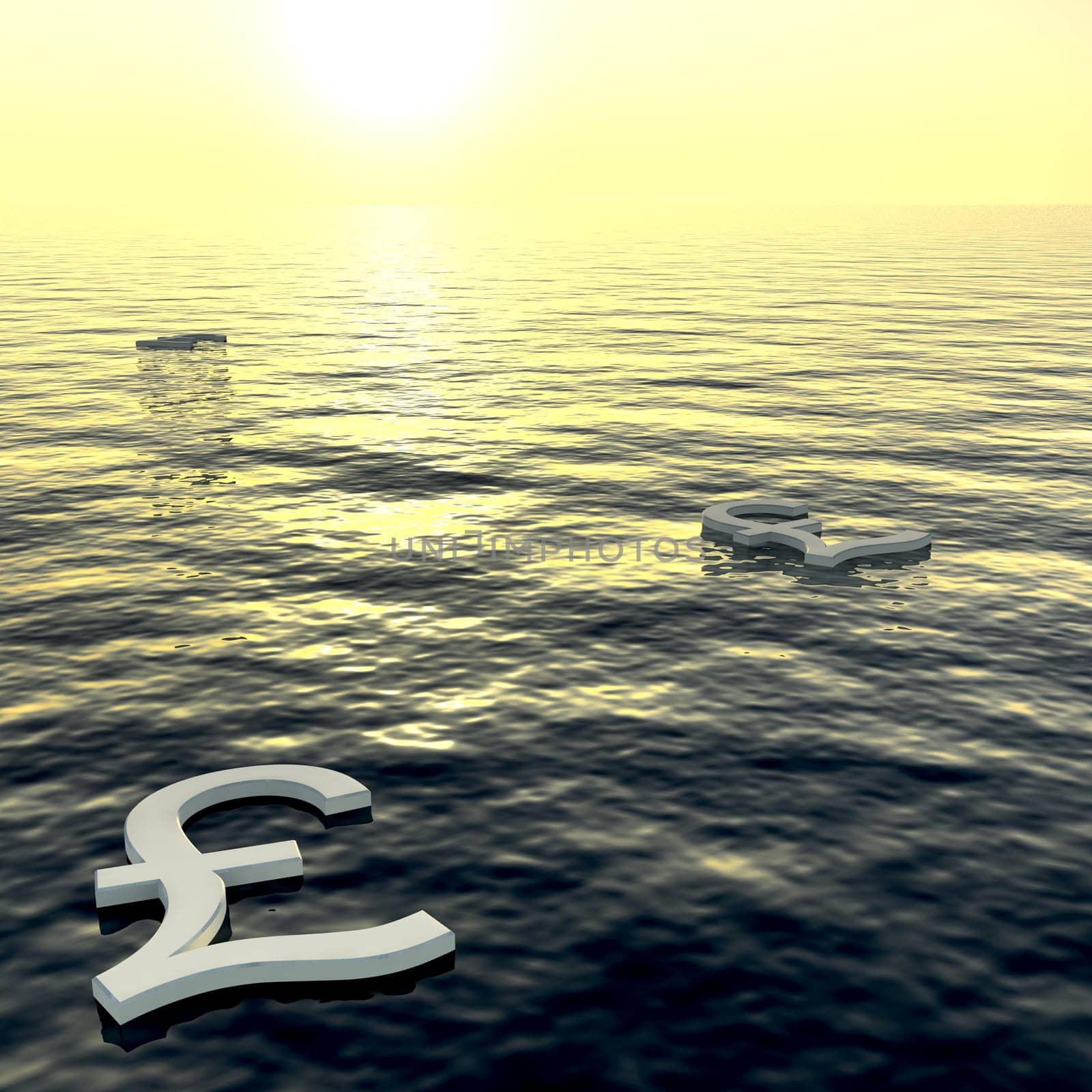 Pounds Floating To A Sunset Showing Money Wealth Or Earning