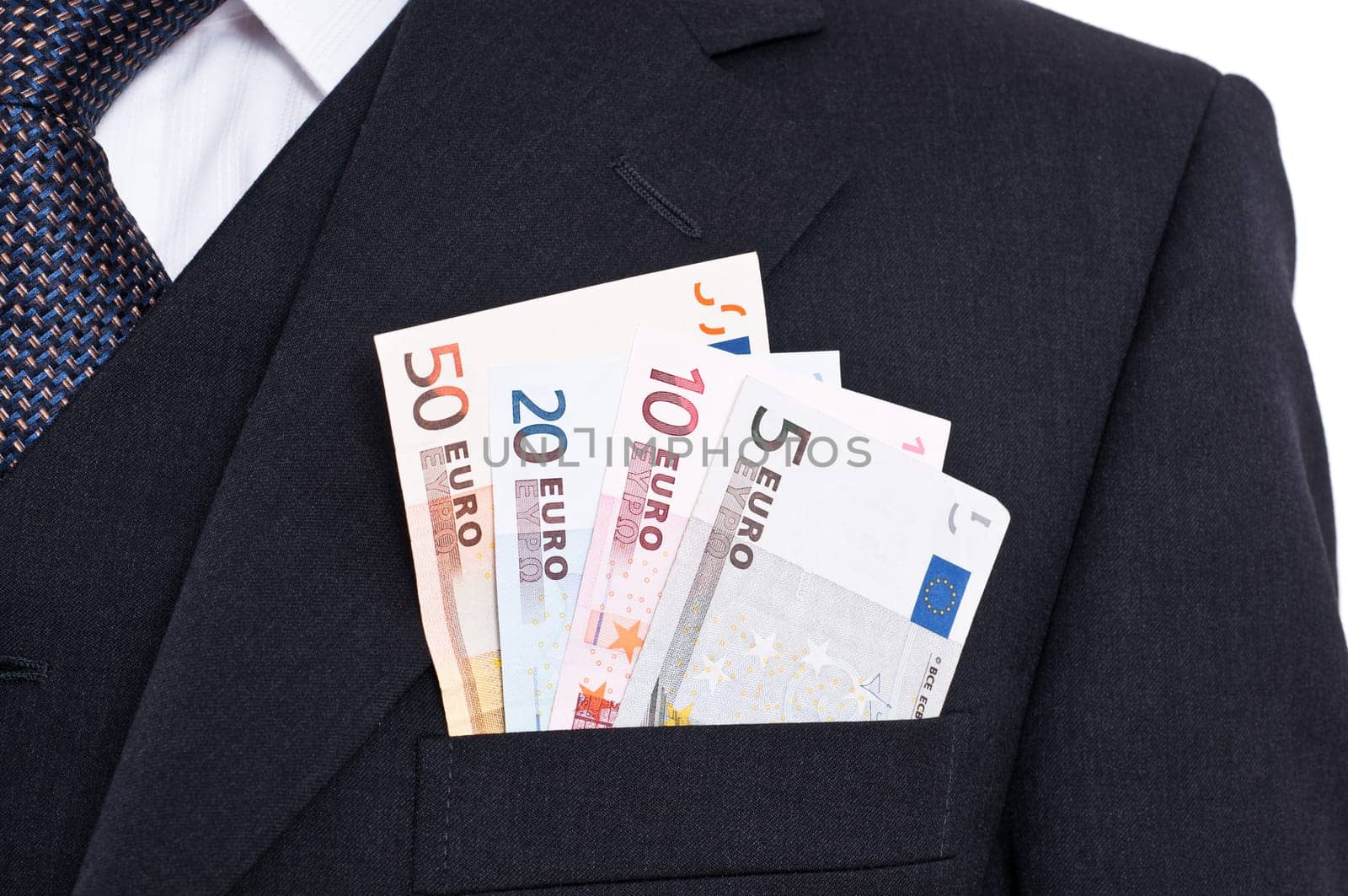 Euro bills stuck in the pocket of a suit