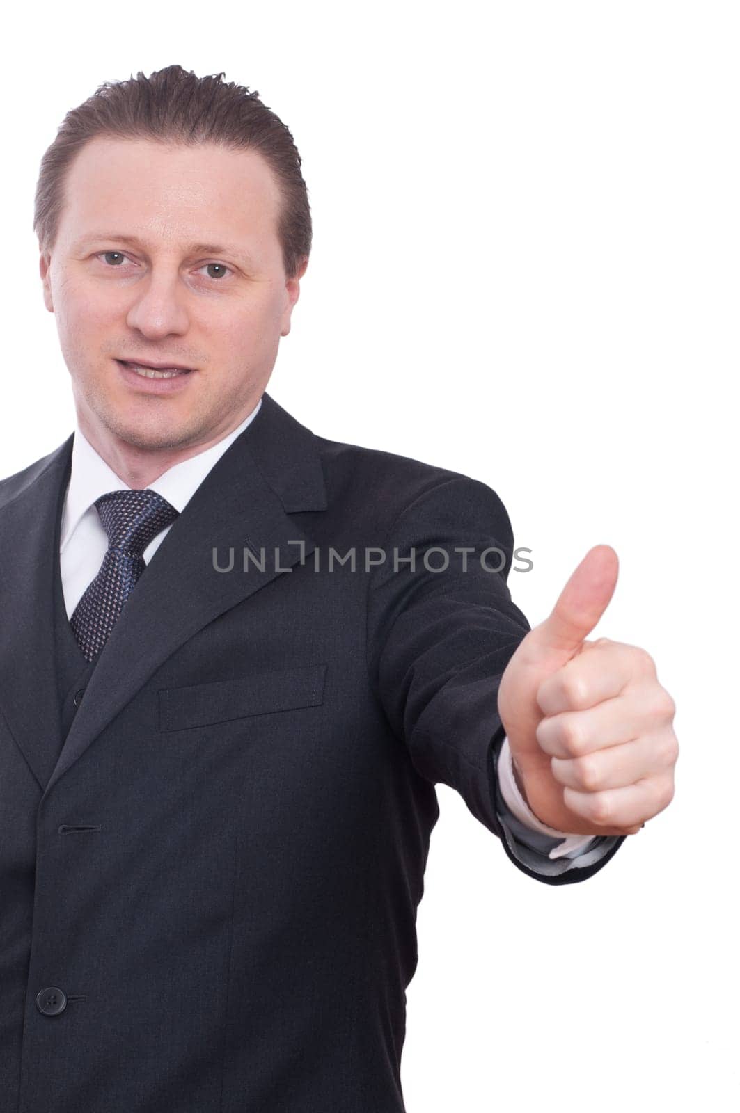 A banker points his thumb up