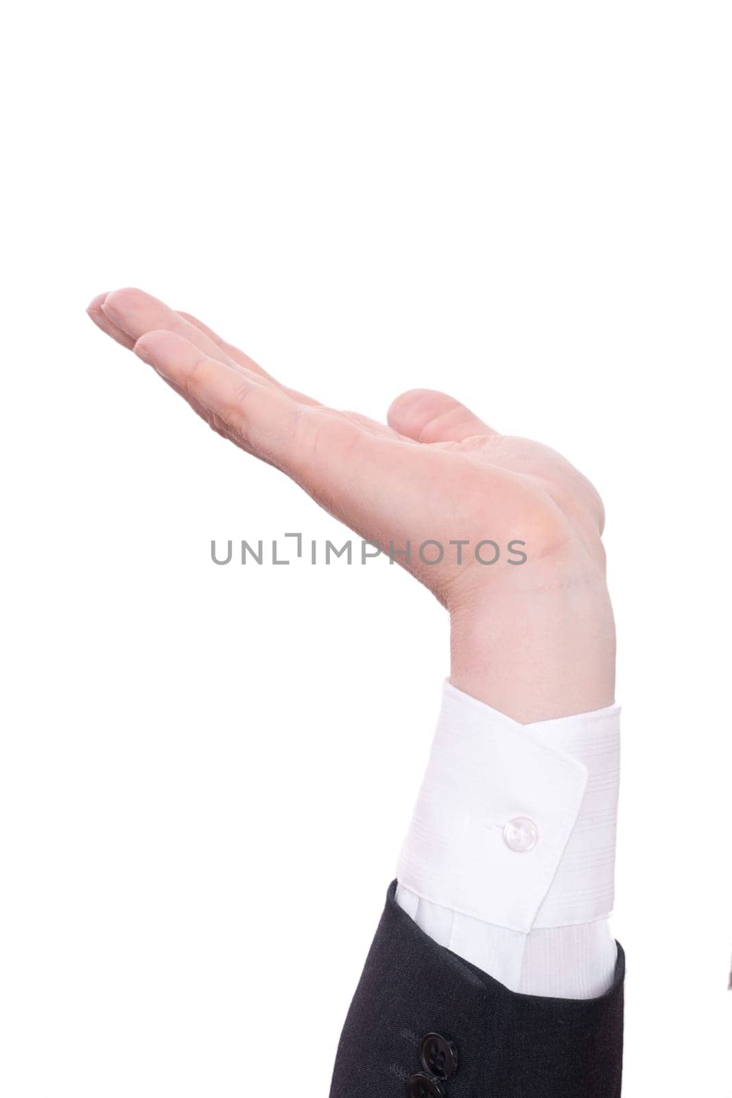 Arm with suit and shirt holding hand up