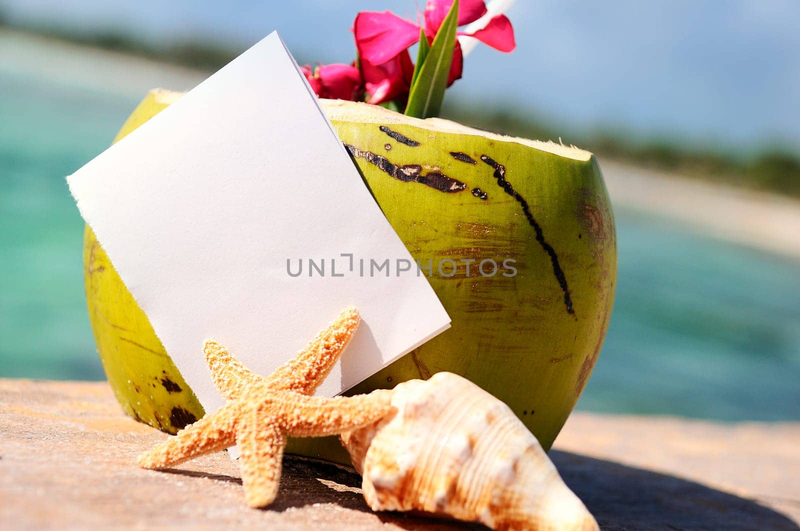 Coconut cocktail starfish tropical Caribbean beach refreshment and towel