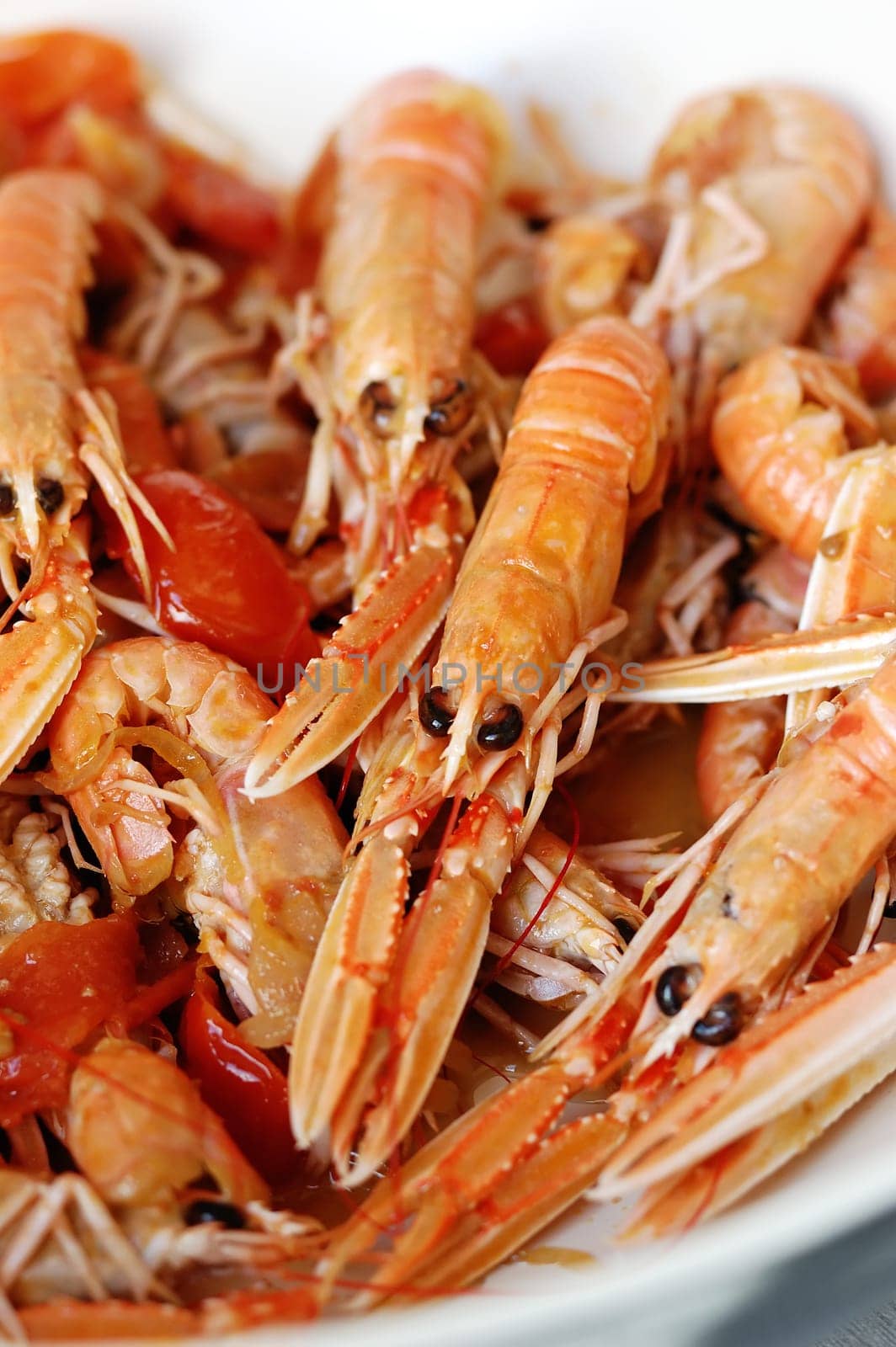 closeup of dish with scampi and tomatoes