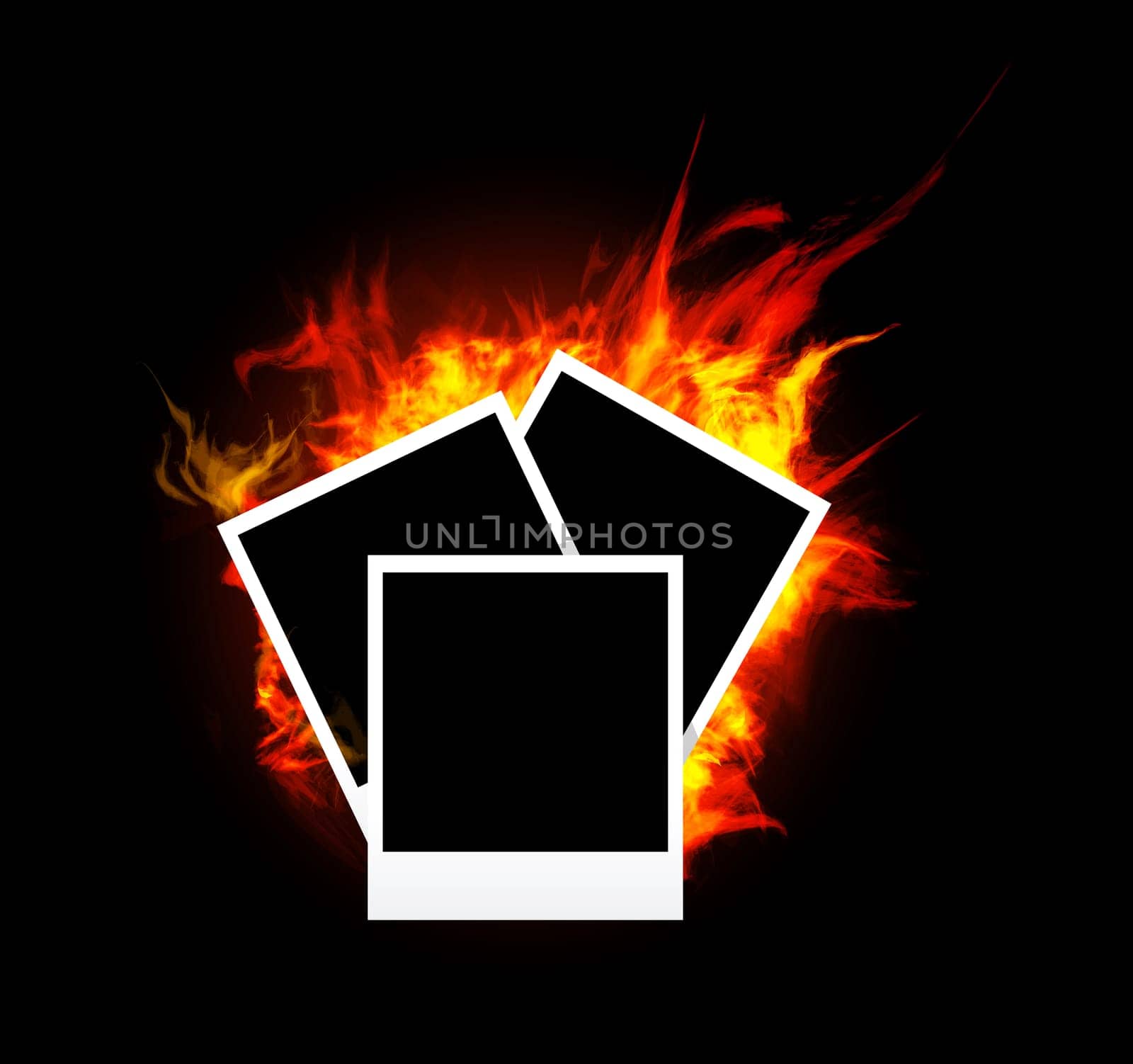 Burning photo frame on black background. Vector illustration