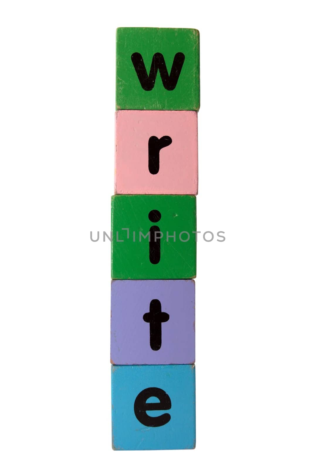 toy letters that spell write against a white background with clipping path