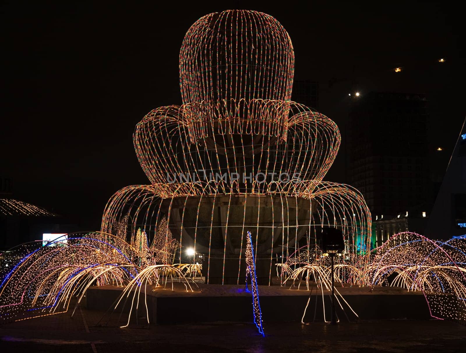 Night scene of Astana, capital of Kazakhstan Republic. Light fountain