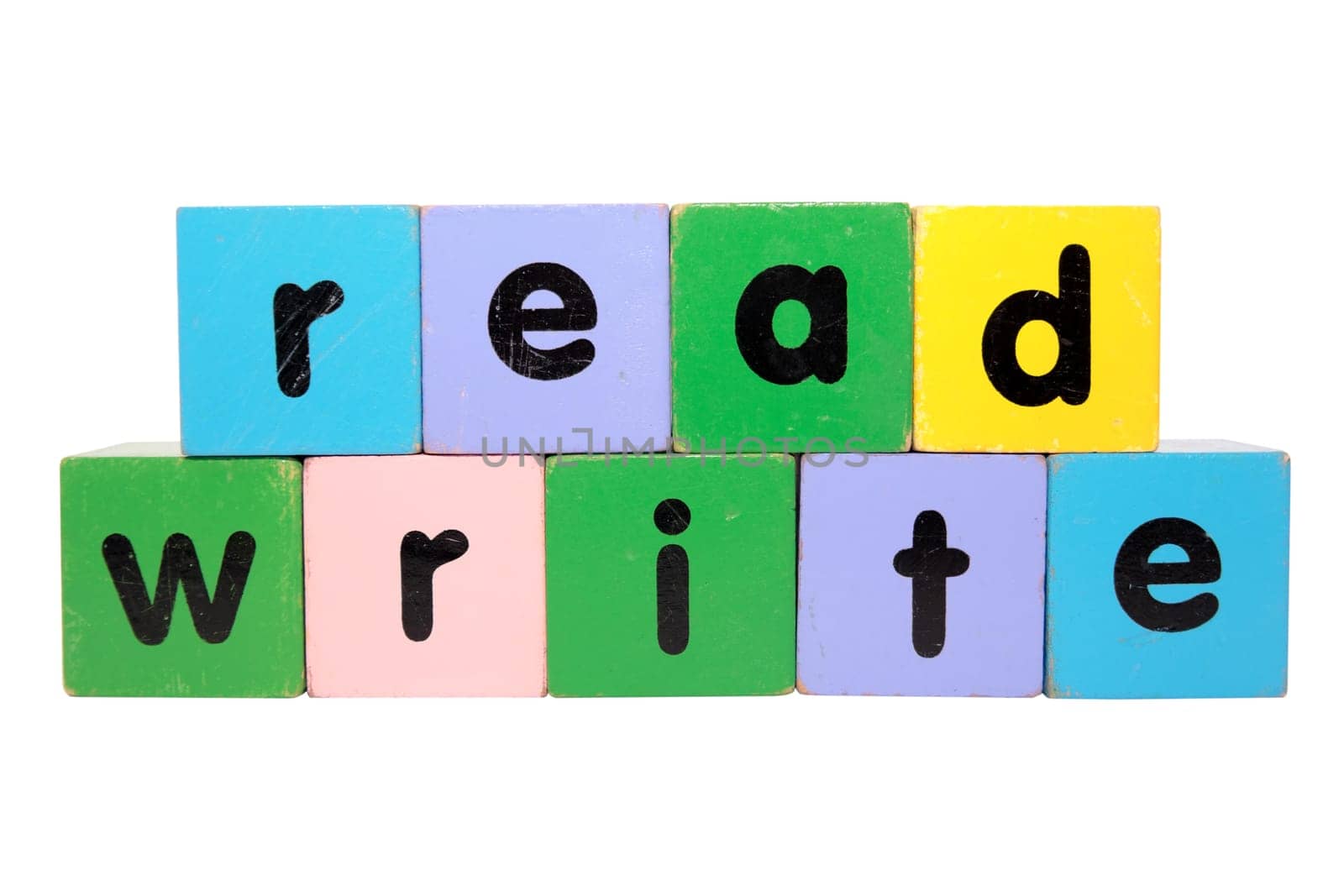 toy letters that spell read and write against a white background with clipping path
