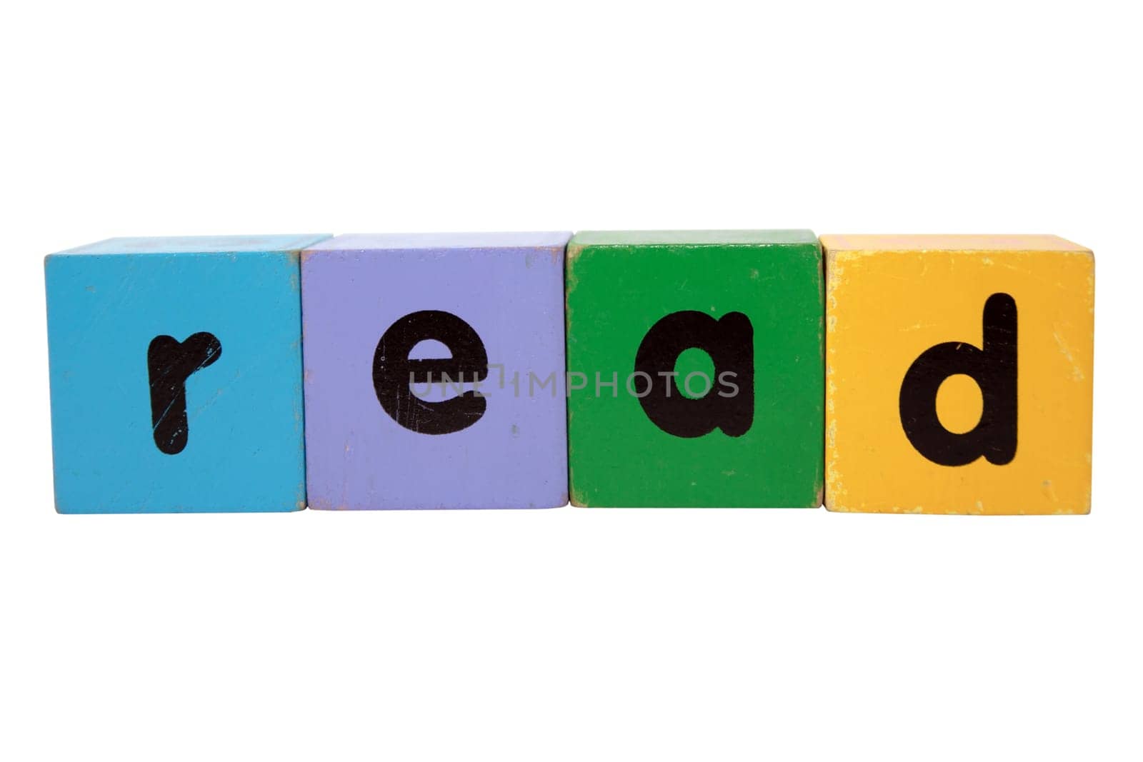 toy letters that spell read against a white background with clipping path