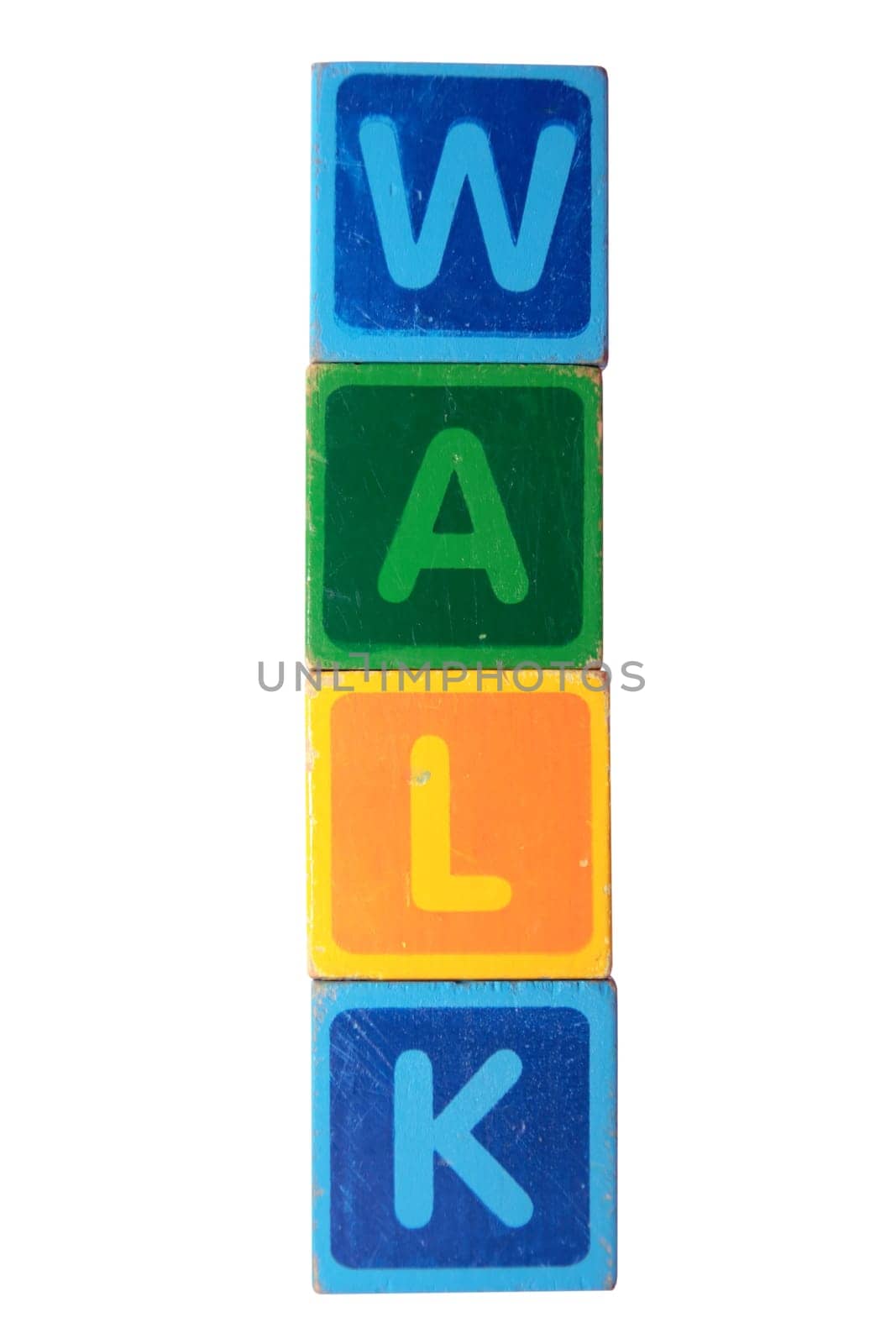 toy letters that spell walk against a white background with clipping path