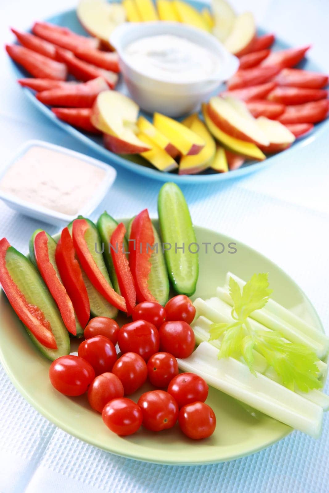 Raw vegetable and fruit with cream cheese and yogurt dip