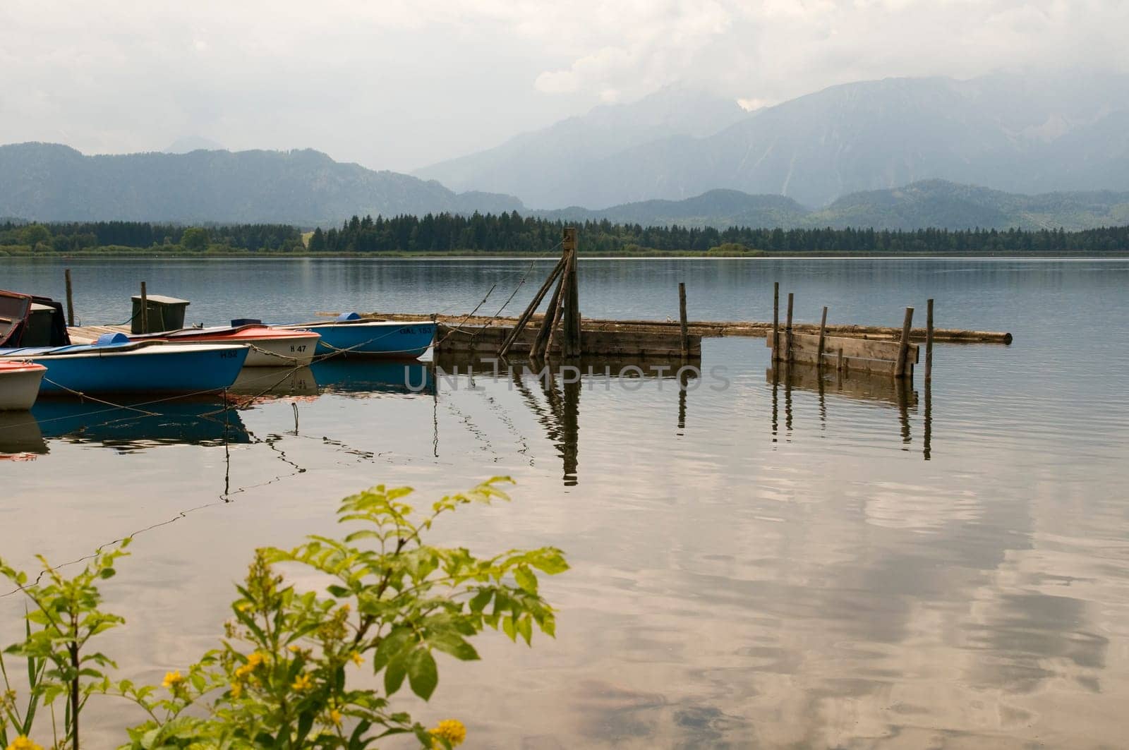 View of the Hopfensee in the Allgäu / Bavaria with fishing barges on the jetty with overcast skies and calm water surface in summer