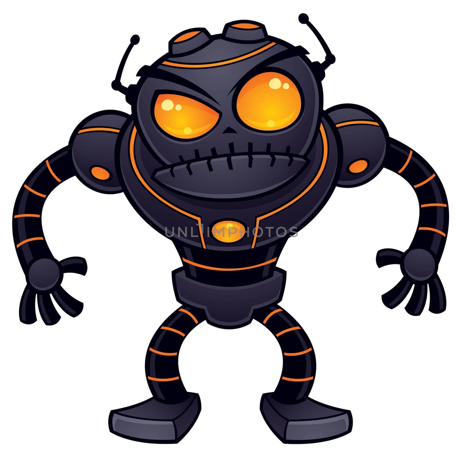 Vector cartoon illustration of an angry robot getting ready for battle. This mean and nasty robot is dark gray with orange eyes and highlights.