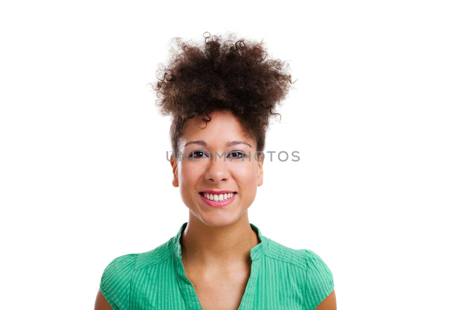 Beautiful woman looking at the camera smiling. Studio shot with isolated white background.