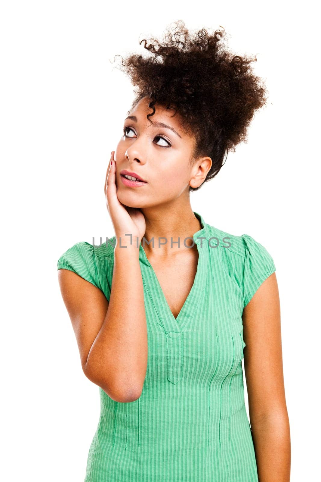 Portrait of a beautiful woman thinking. Studio shot with isolated white background.